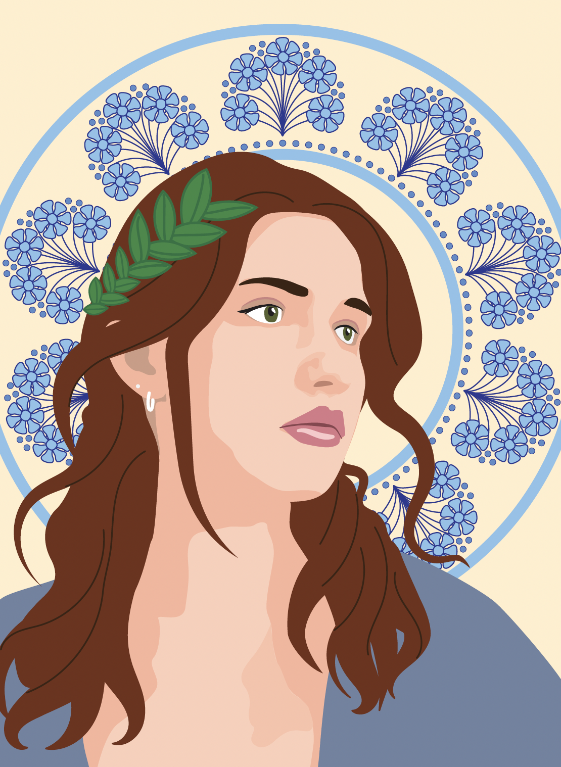 Art nouveau vector portrait with blue floral halo