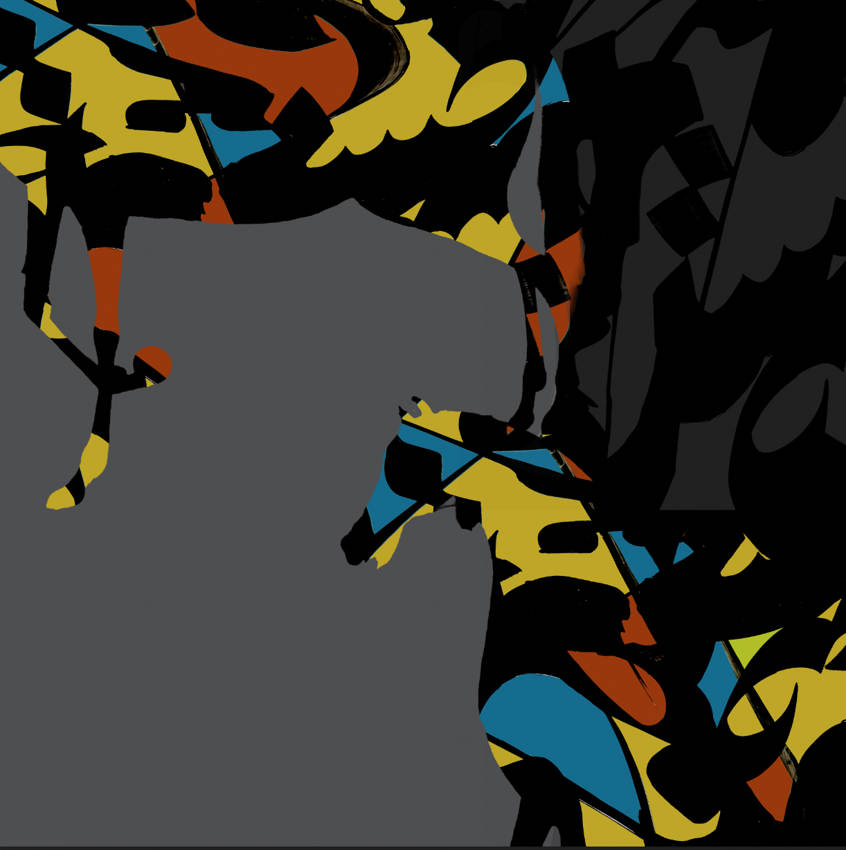 Asb digital calligraphy in ochre, teal and rust