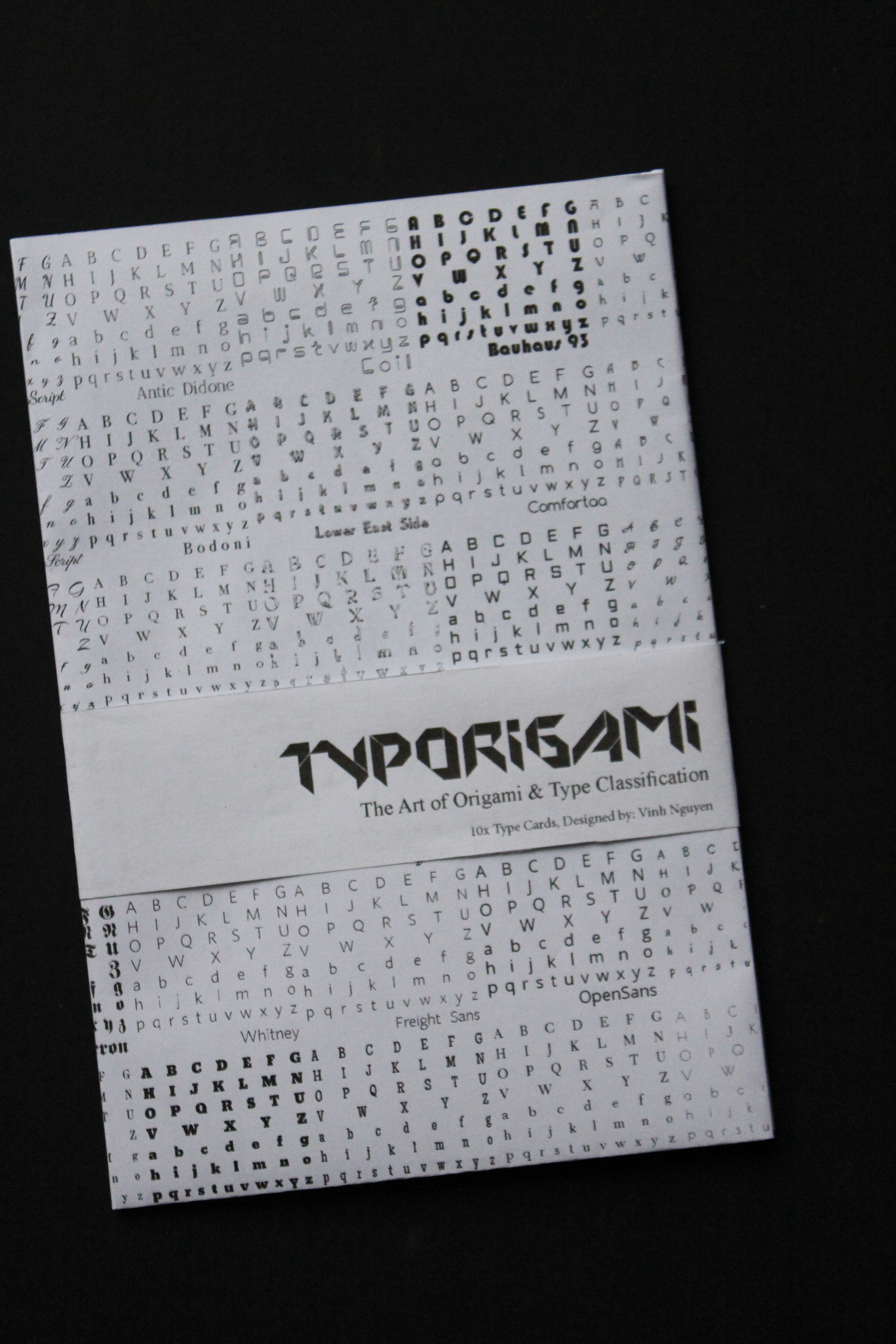 Typorigami folded sleeve printed with alphabets