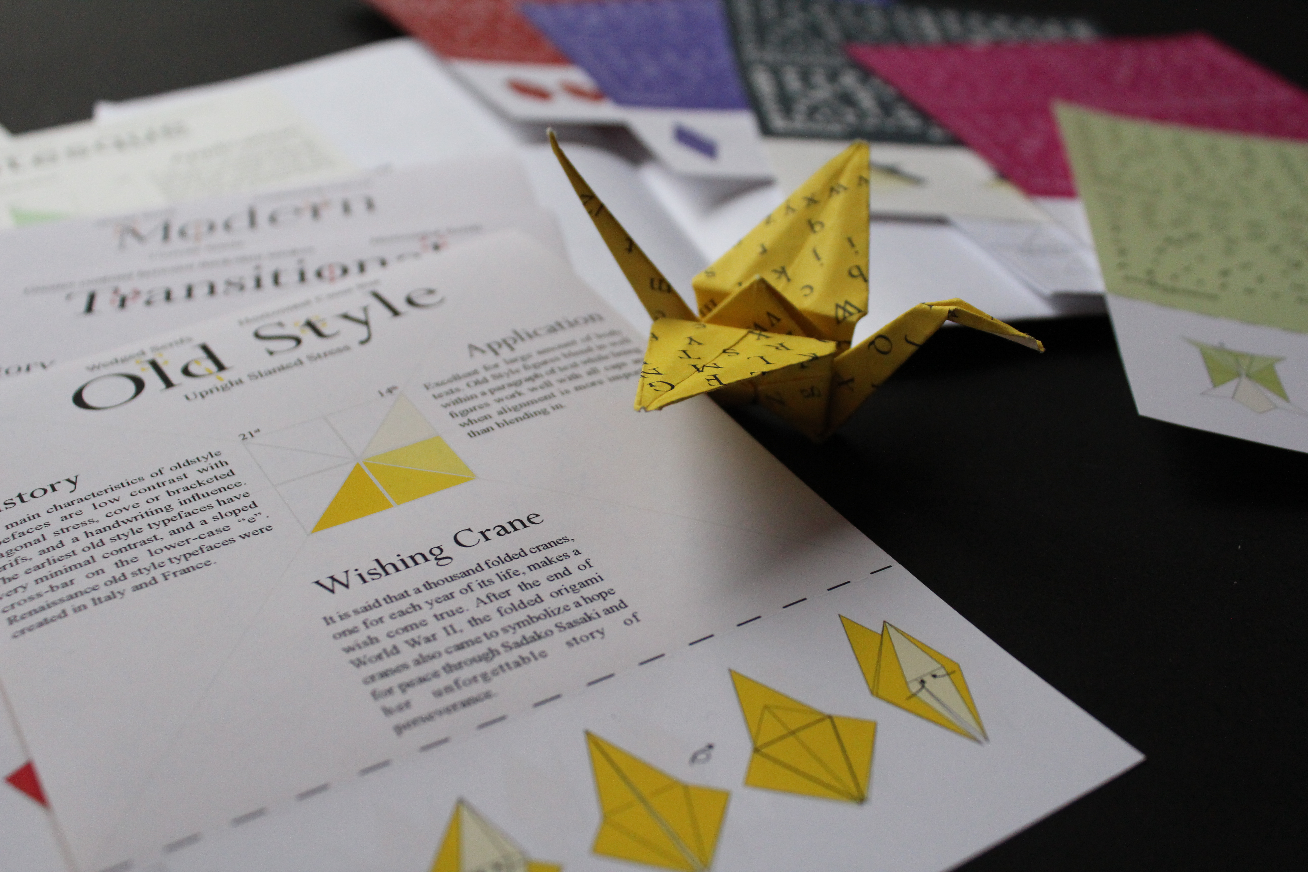 Folded yellow paper crane on the Old Style card