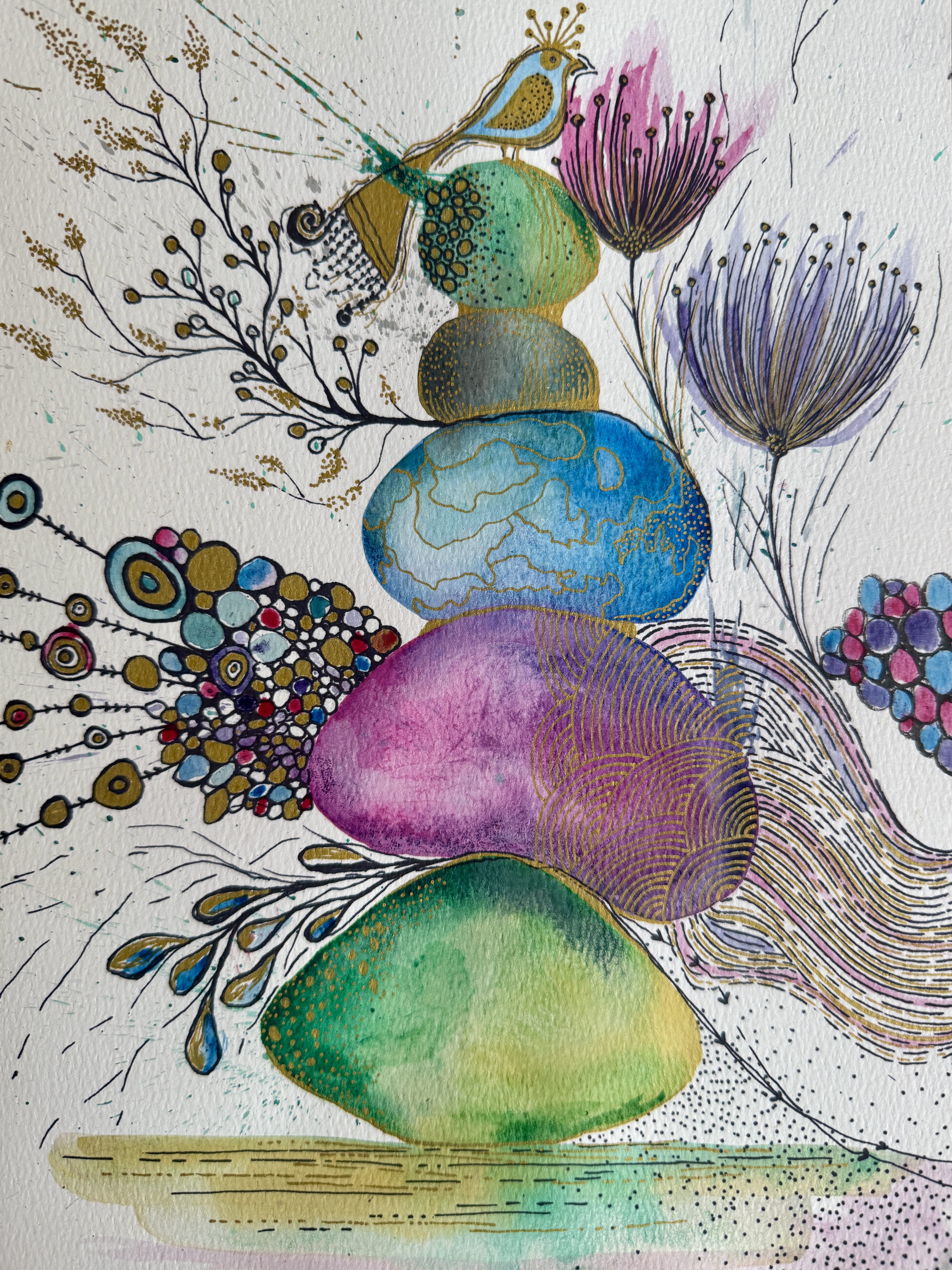 Balance watercolor cairn with bird and ink linework
