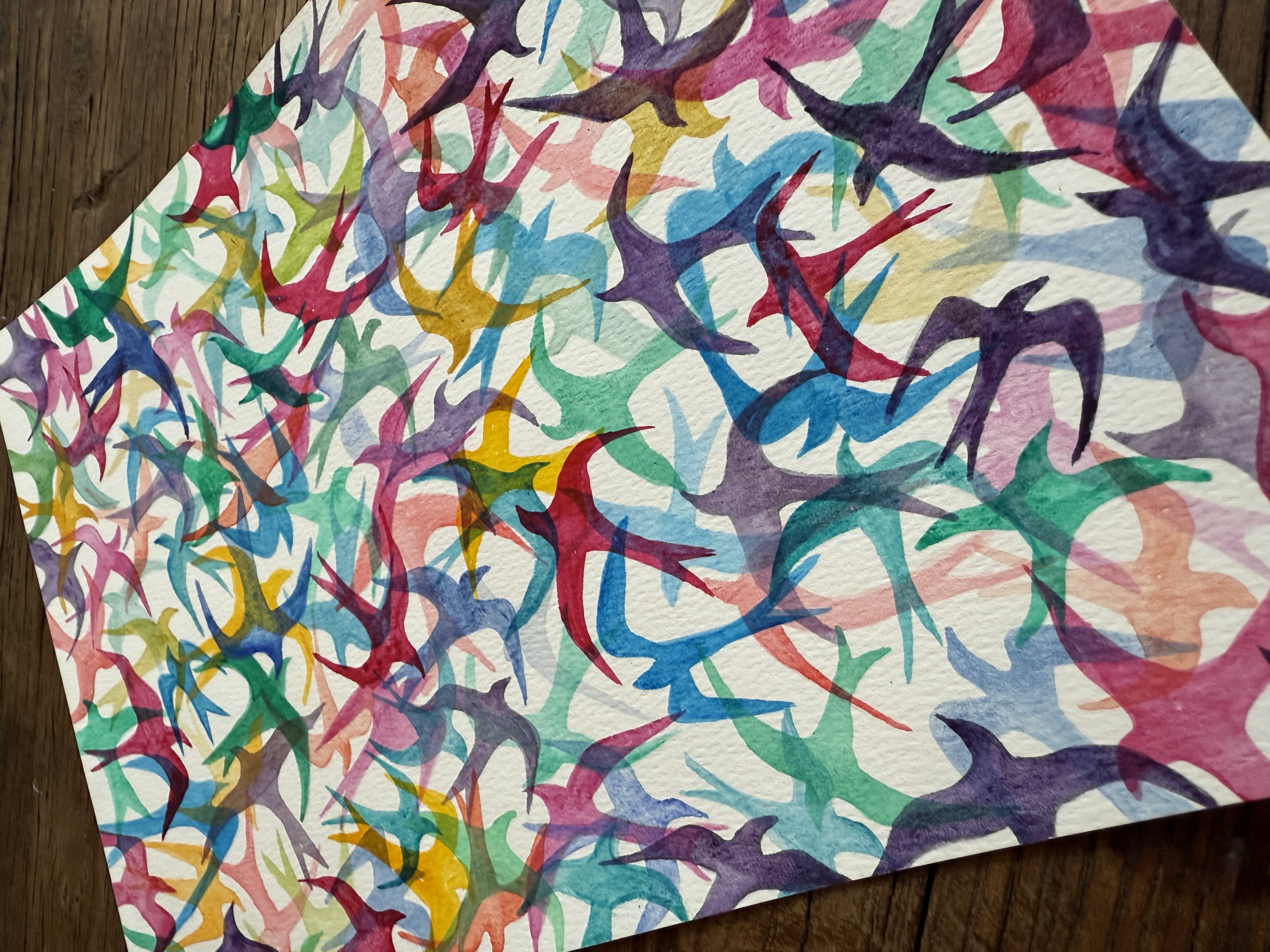 The Children of Minab, layered watercolor birds