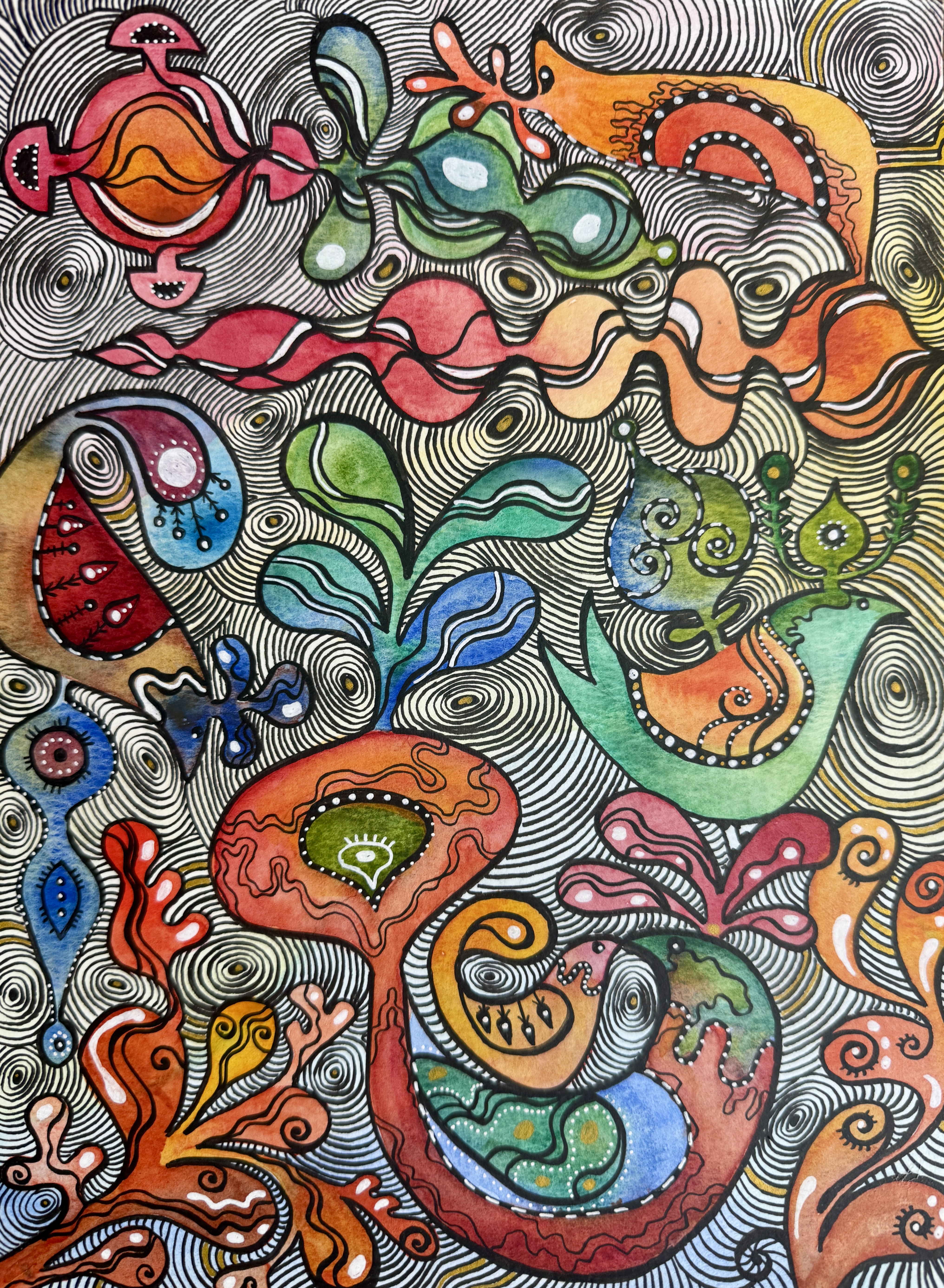 Teeming watercolor with dense black concentric linework