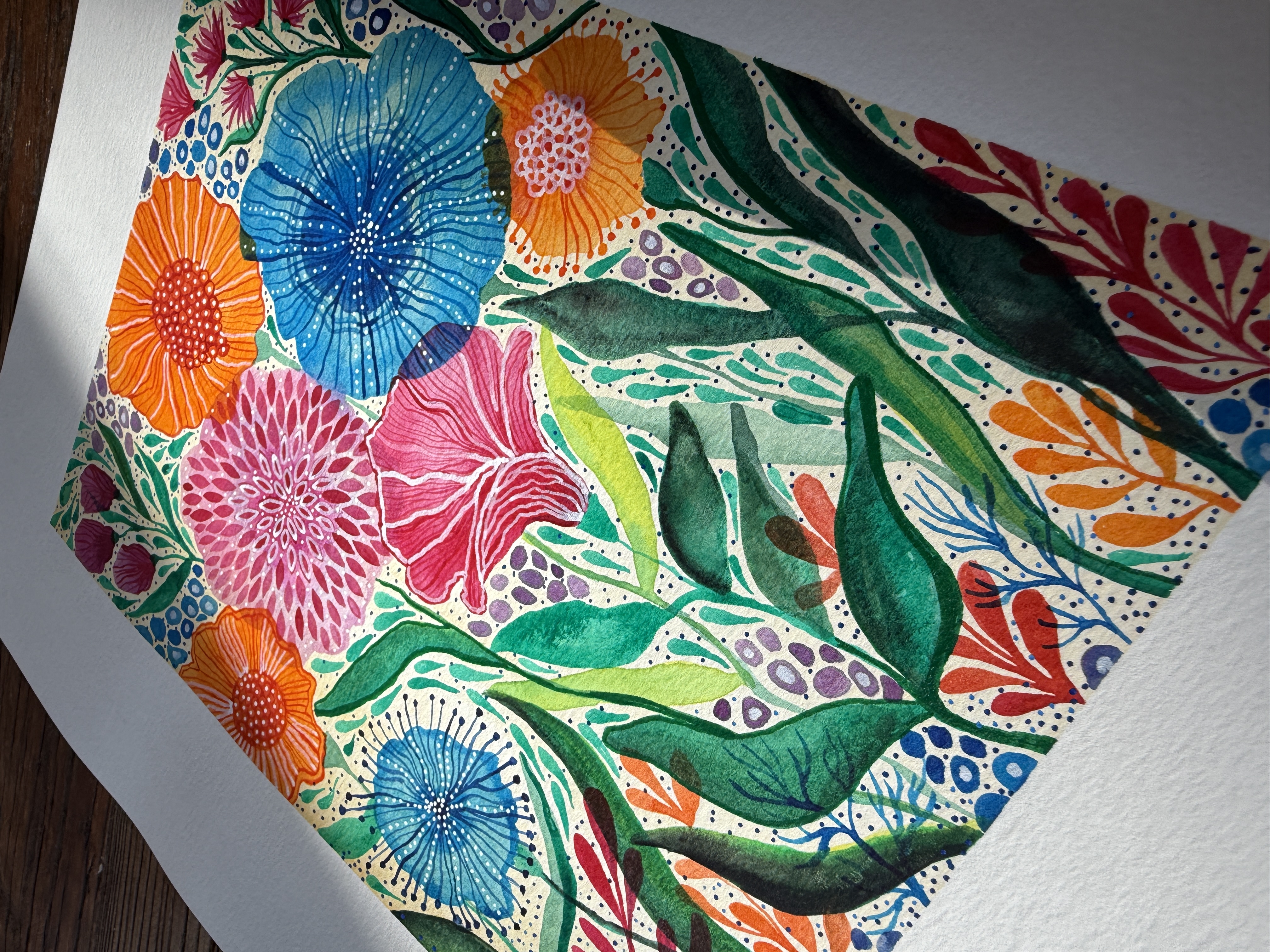 Full Bloom watercolor garden in orange, pink and blue
