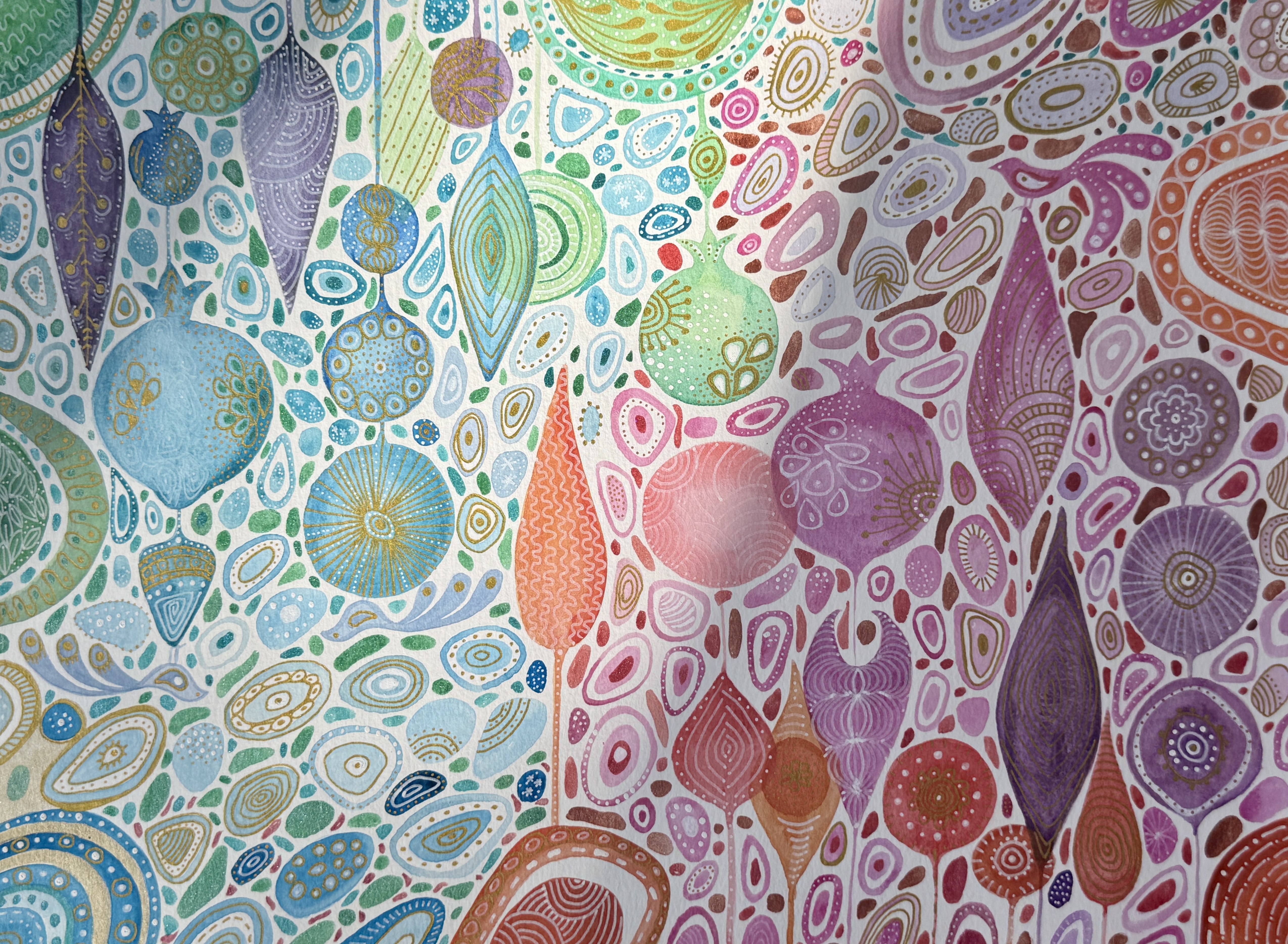 Orchard watercolor with pomegranates and gold linework