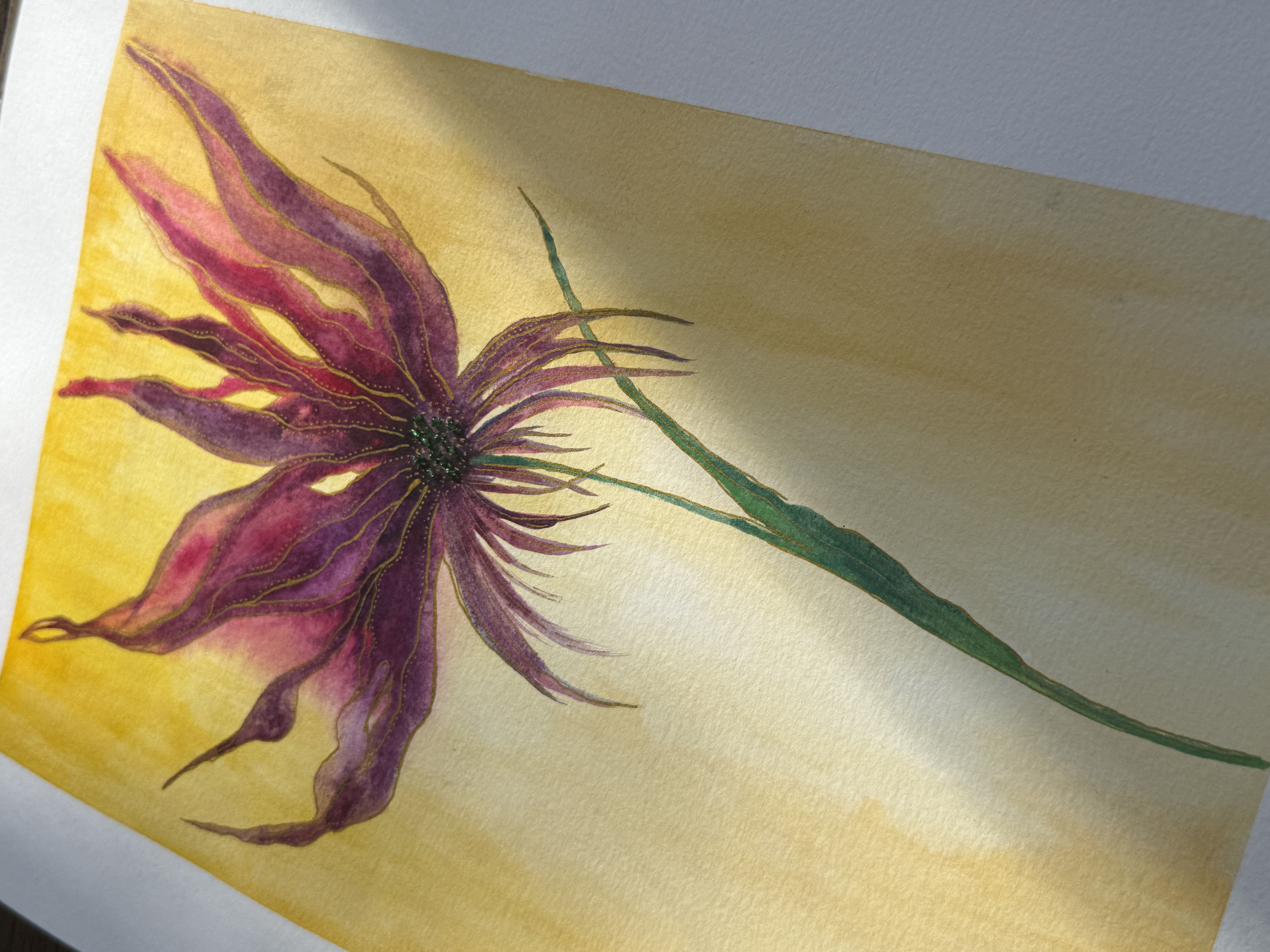 Flame Lily watercolor with gold linework and beaded centre
