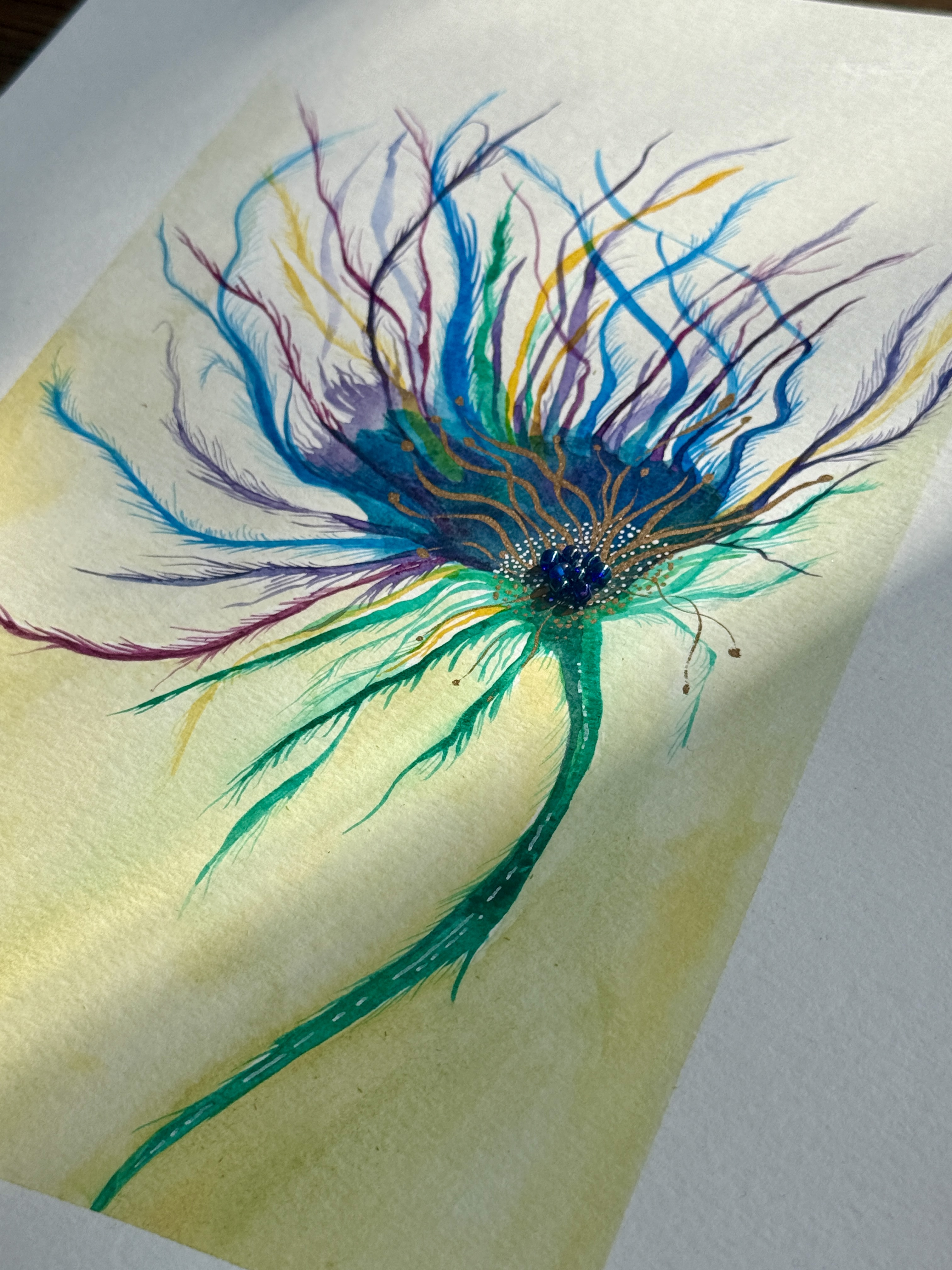 Thistle watercolor with gold stamens and beaded centre
