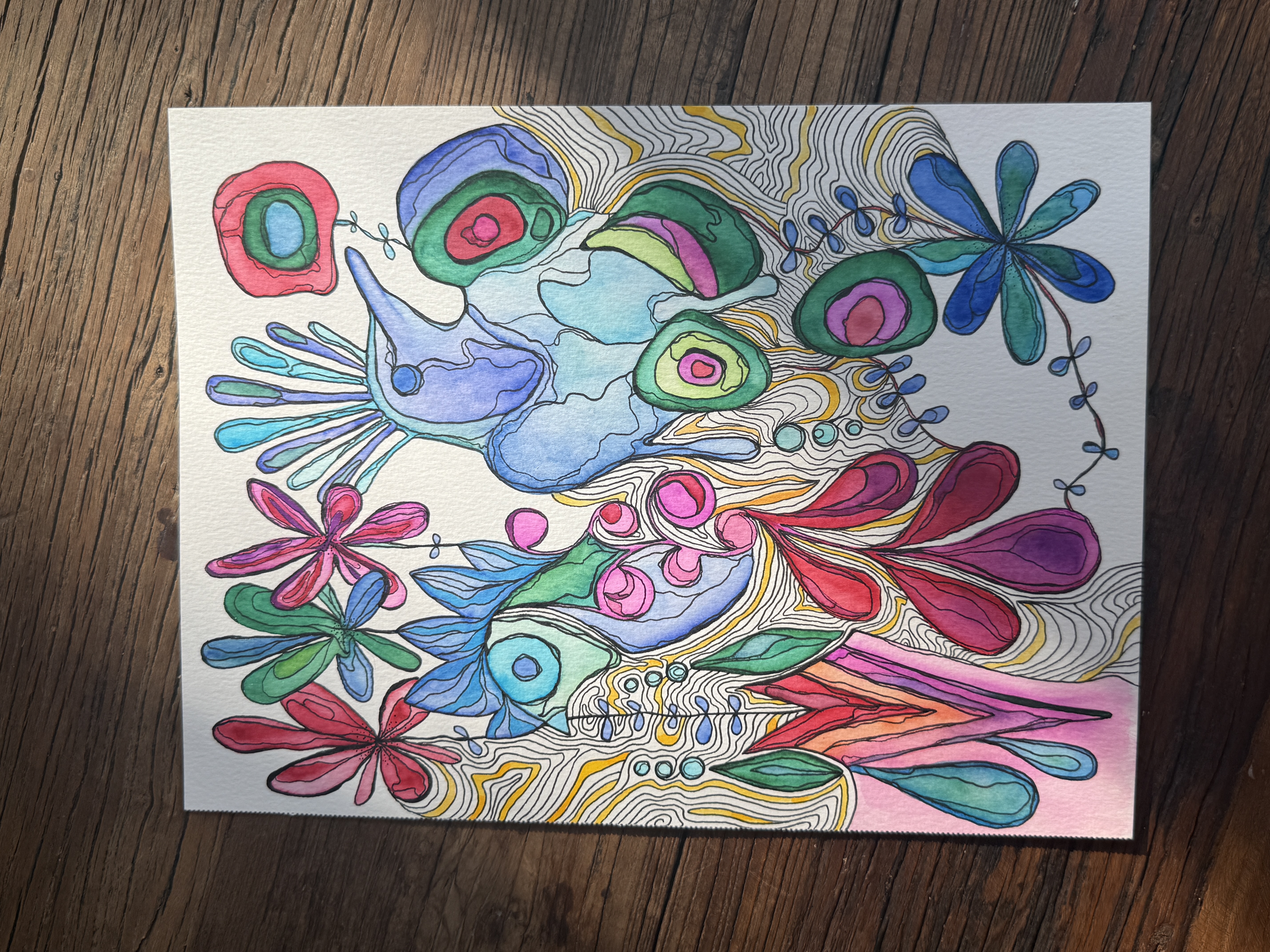 Watercolor bird with flowers and contour linework
