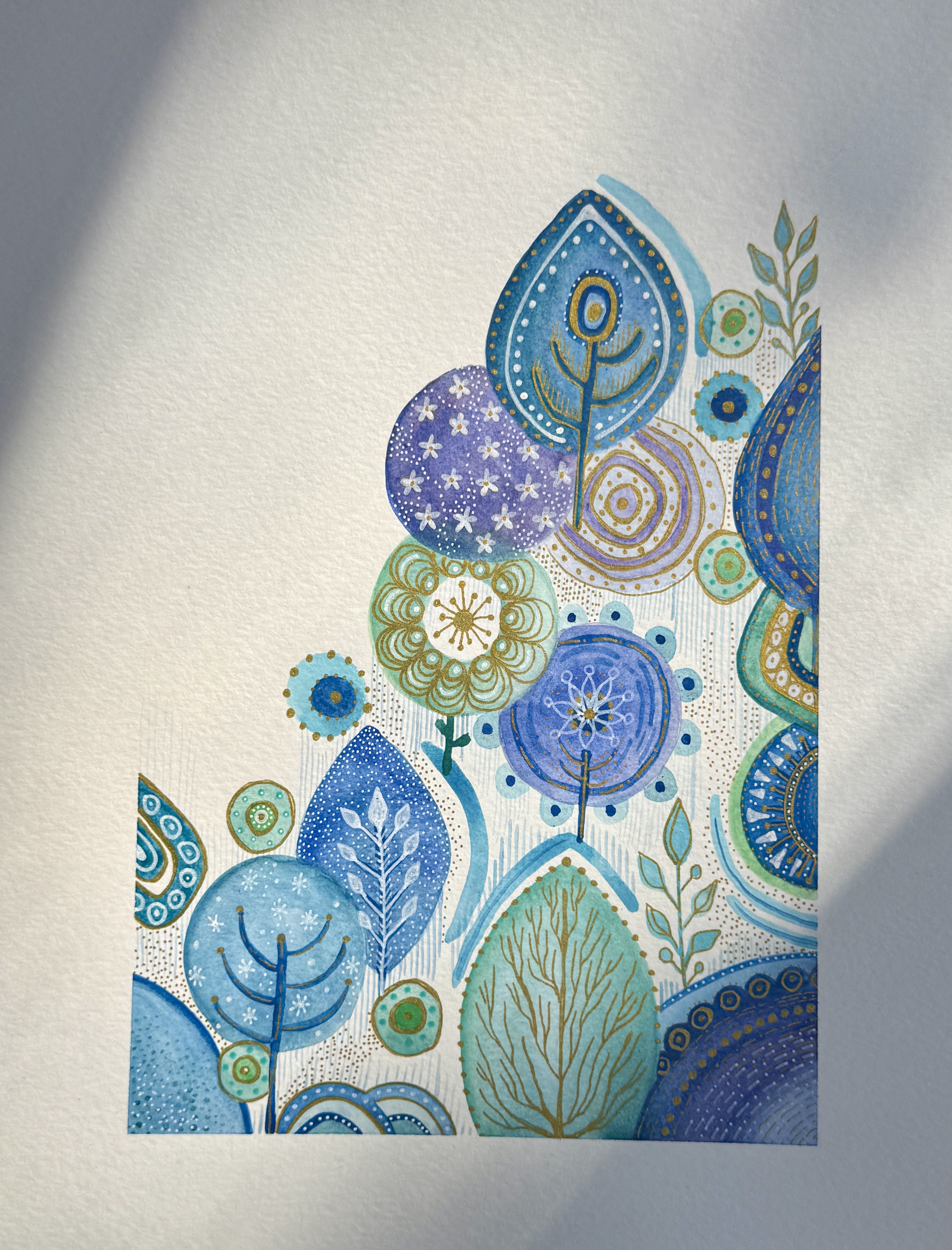 Cypress Garden in Blue watercolor with gold linework