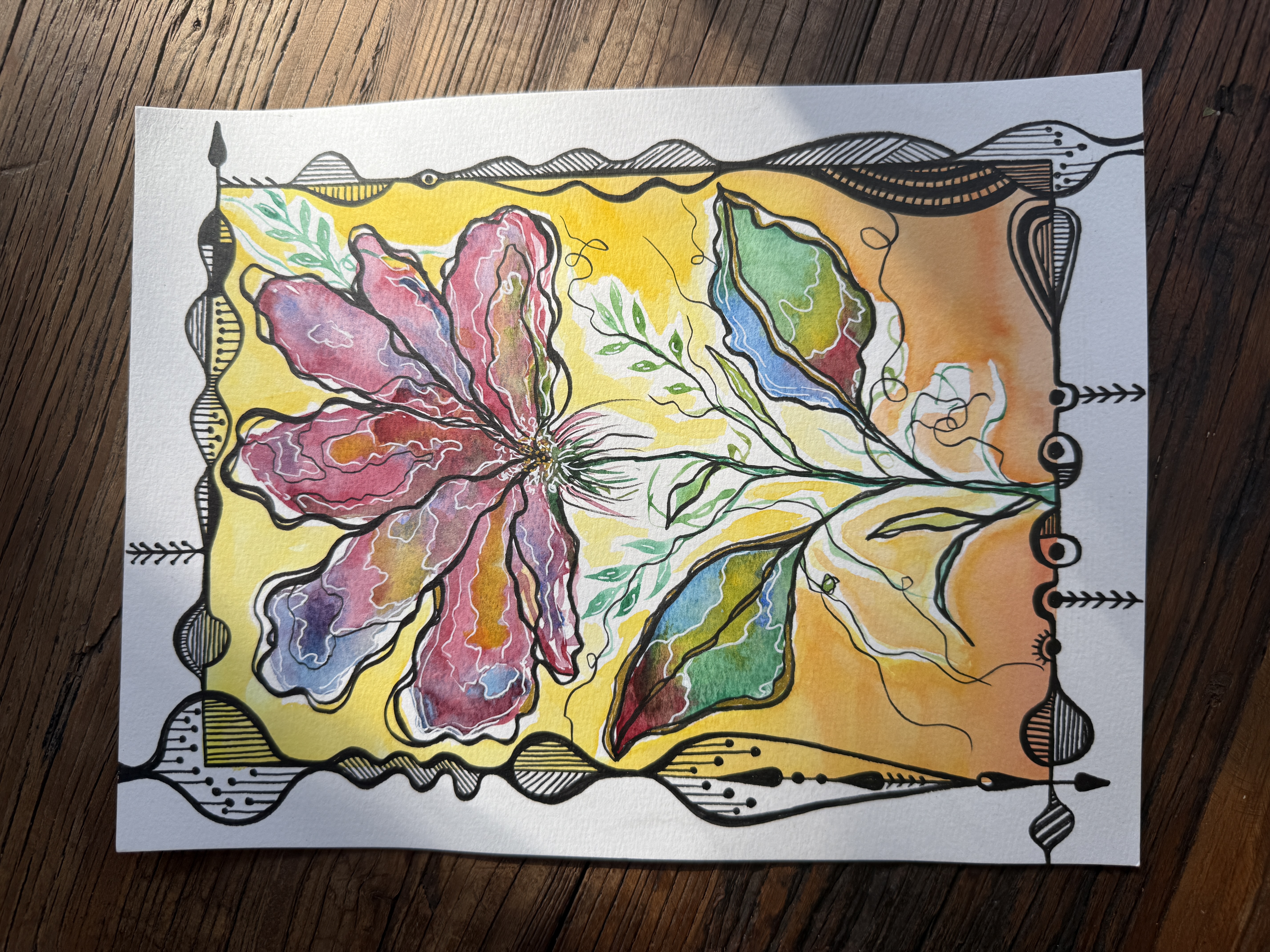 Watercolor bloom with drawn black border