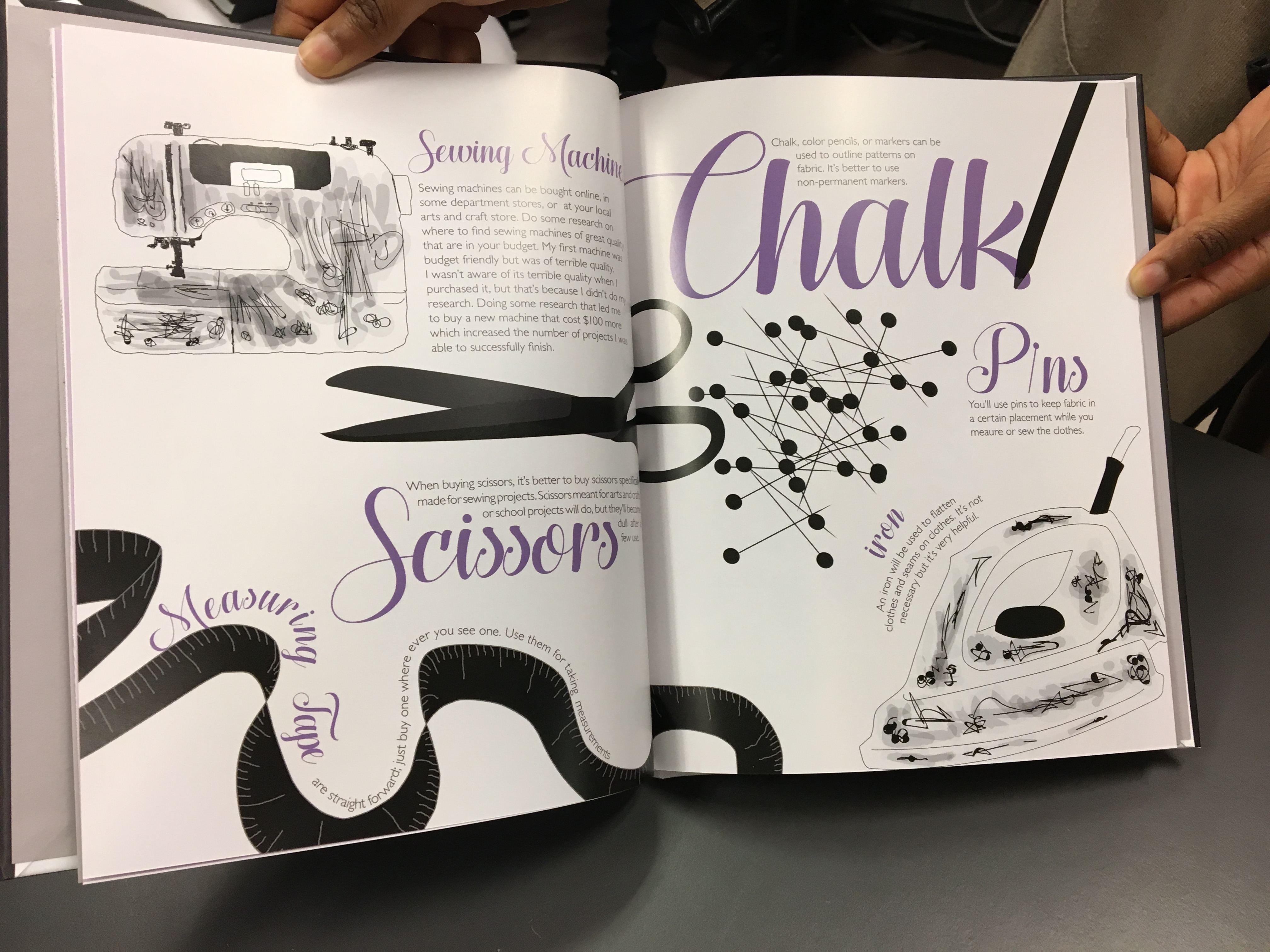 Sewing tools spread with script headings