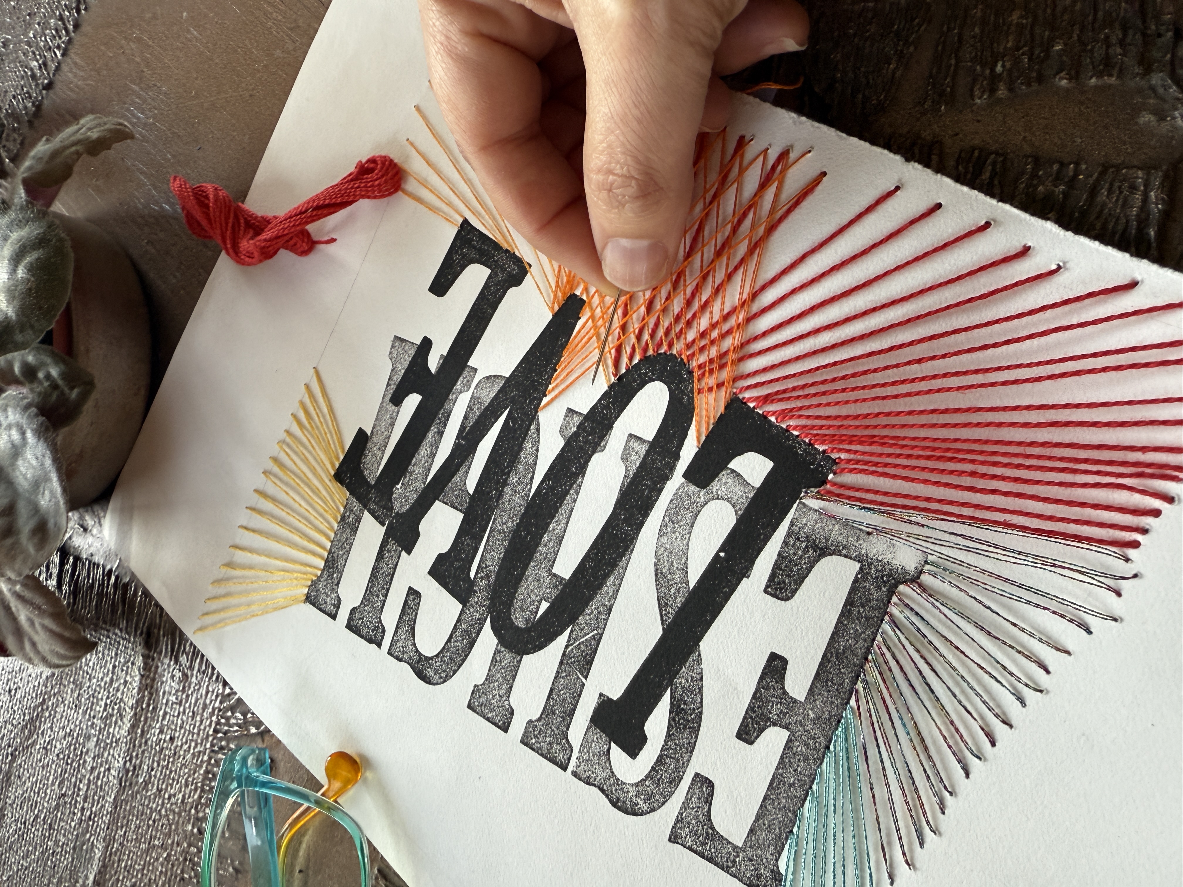 Block print with embroidery in progress