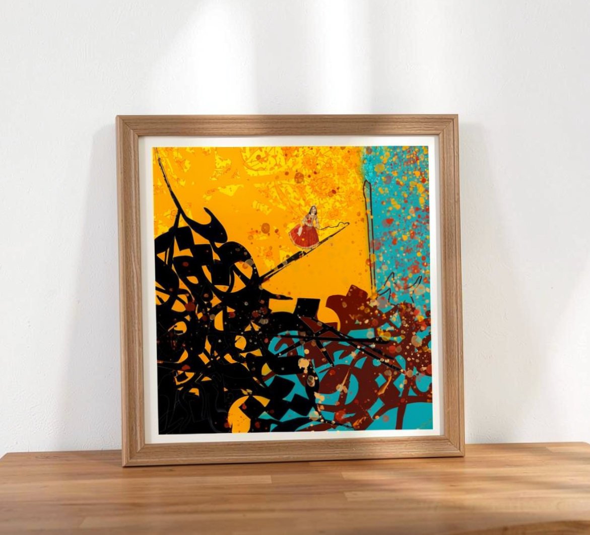 Tightrope mixed-media artwork, framed