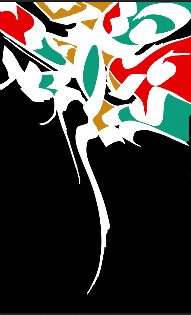 Justice digital calligraphy in black, red and green
