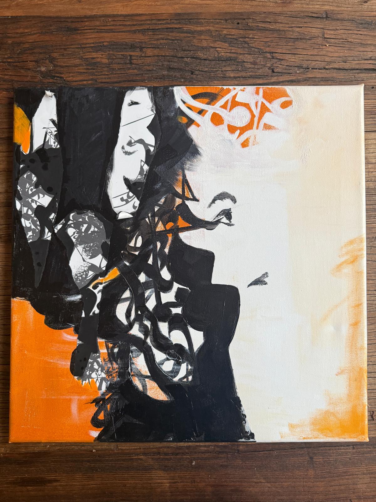 Black calligraphy and collage on white and orange canvas