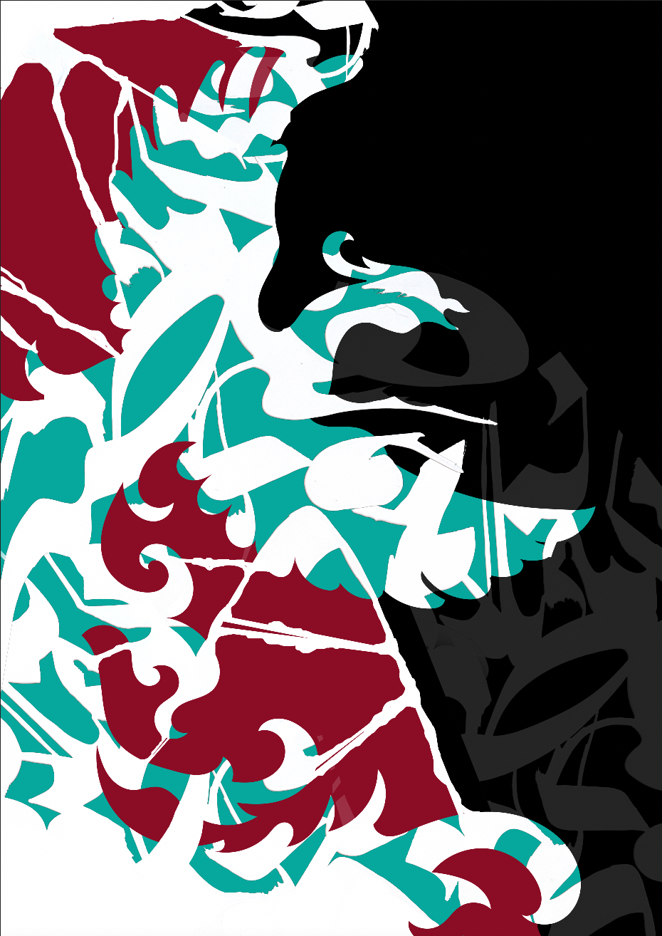 Seemorgh digital calligraphy in crimson and jade