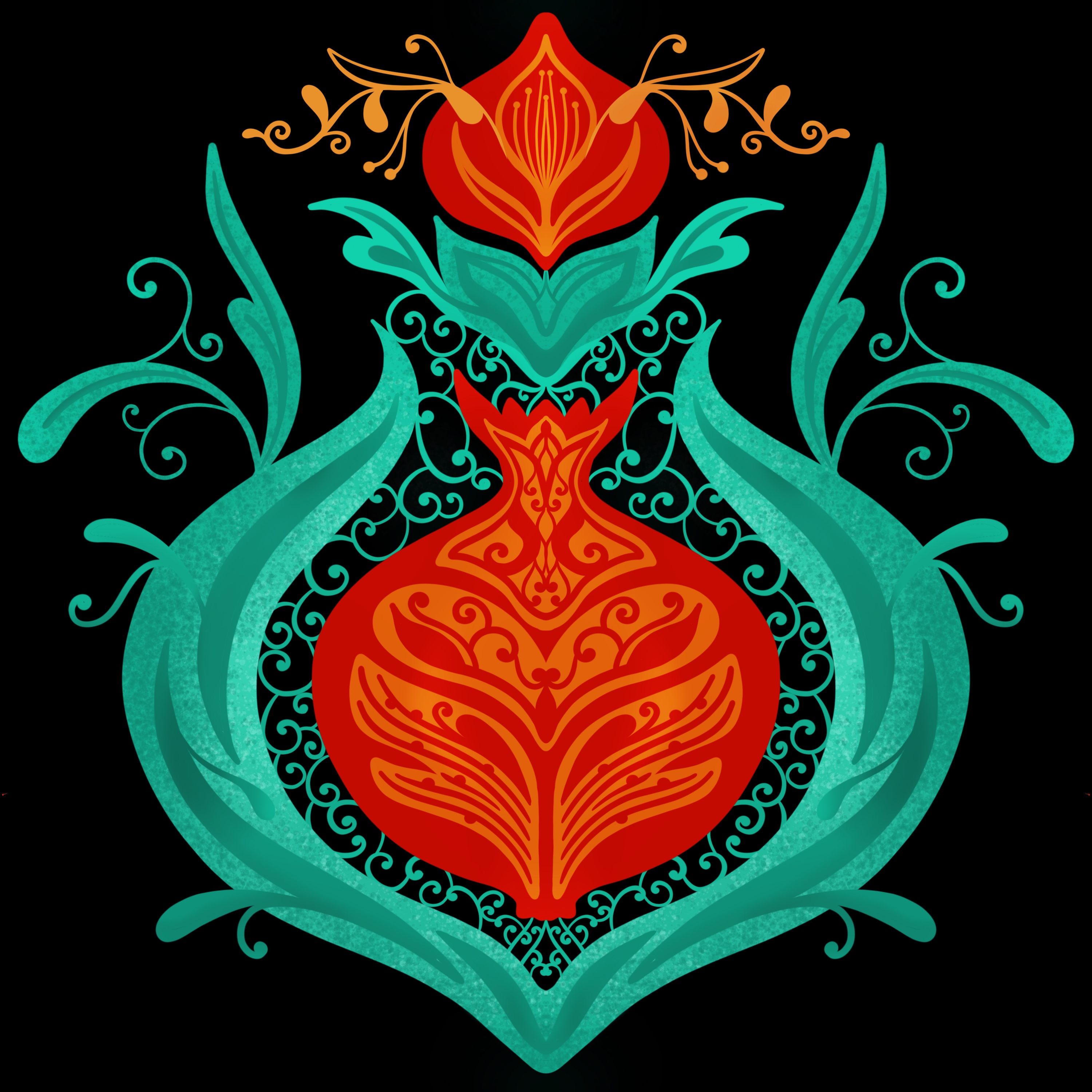 Red pomegranate with teal leaves on black