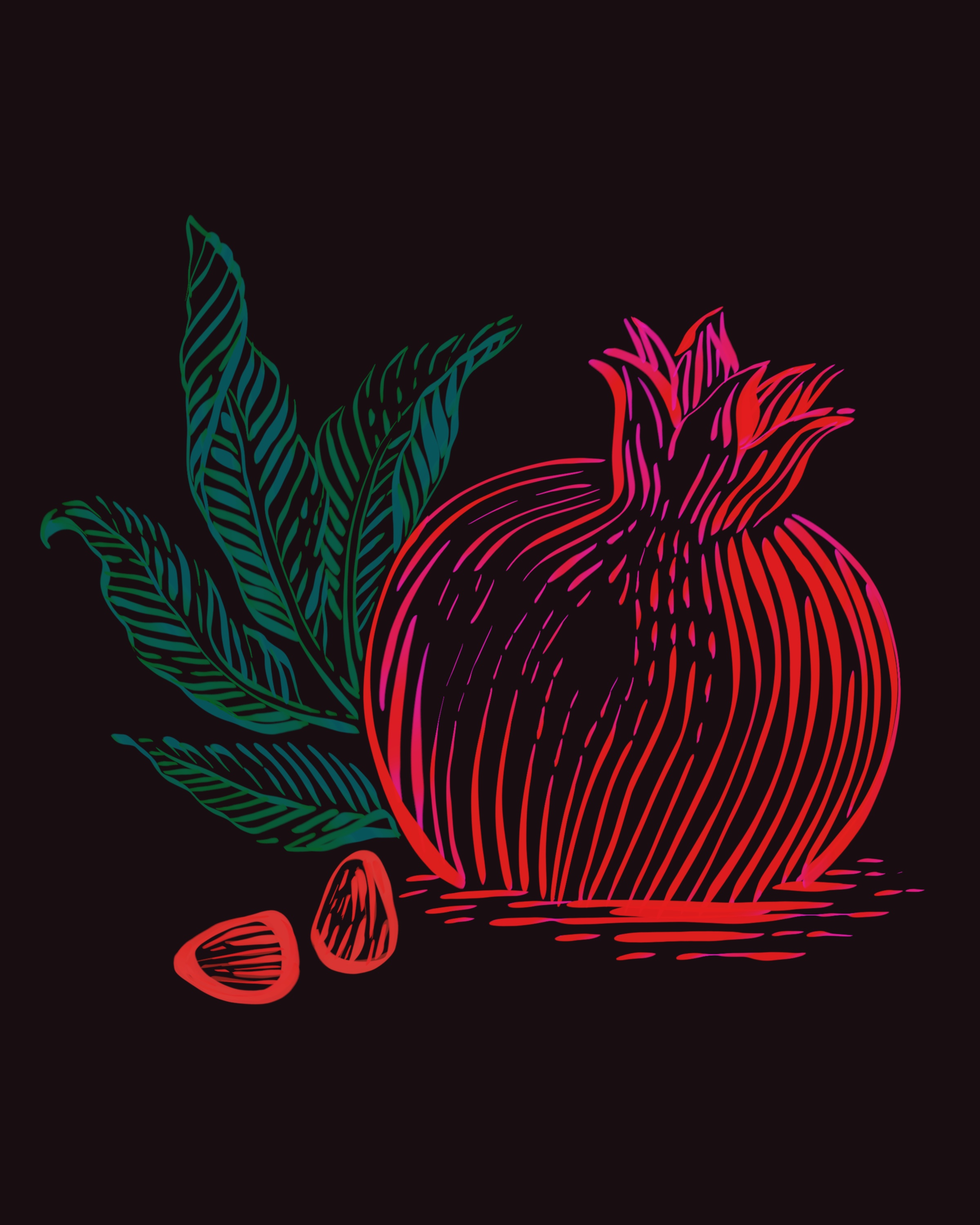 Neon line-drawn pomegranate on dark ground