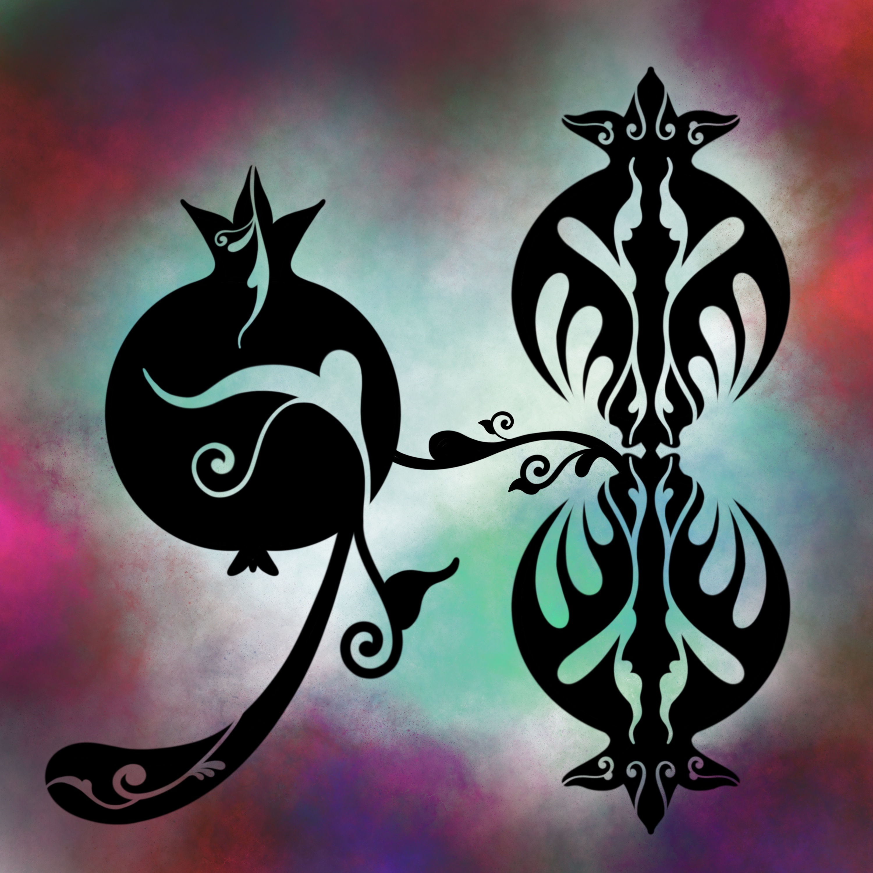 Black pomegranate silhouettes on aurora background
