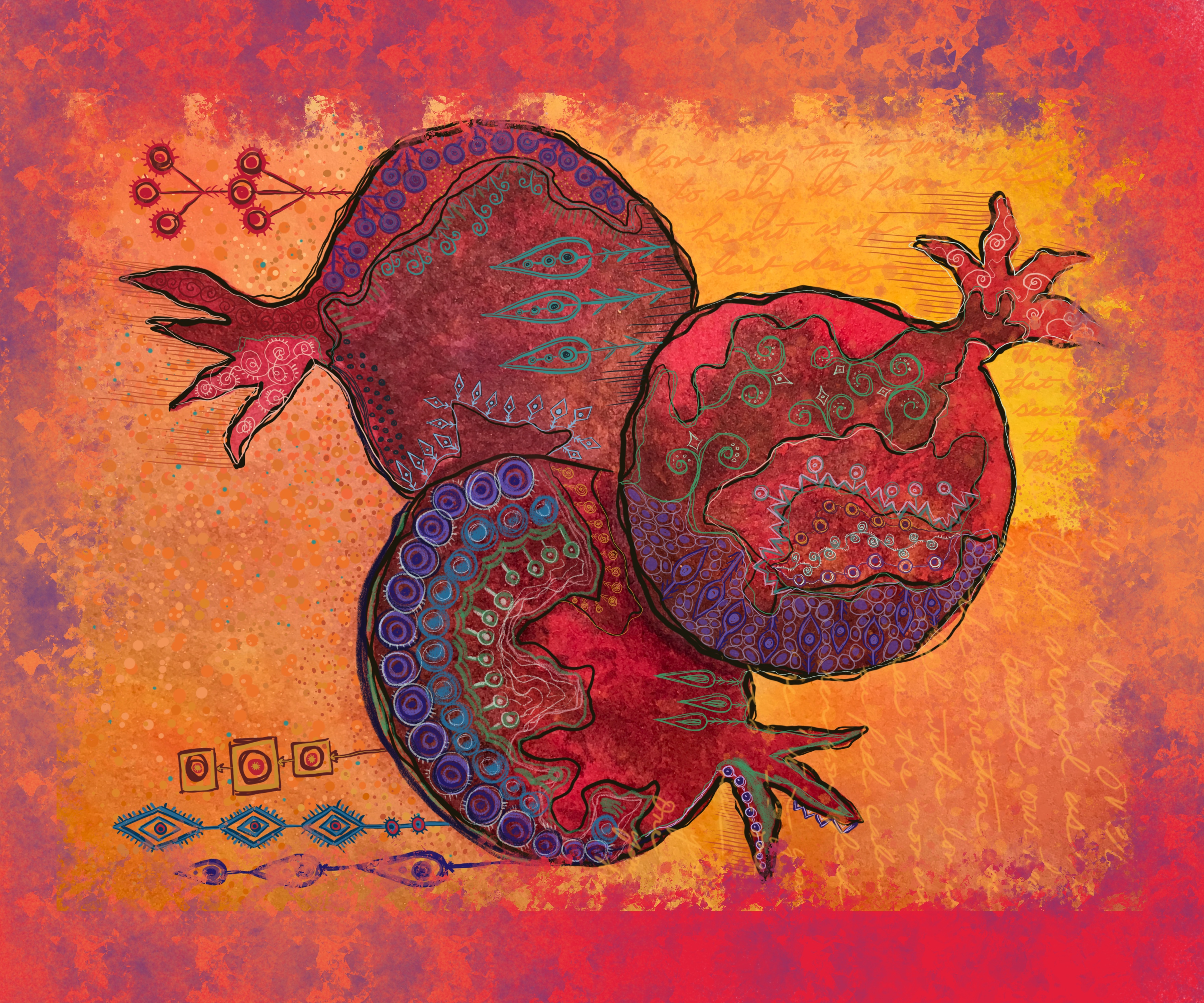 Three patterned pomegranates on orange ground