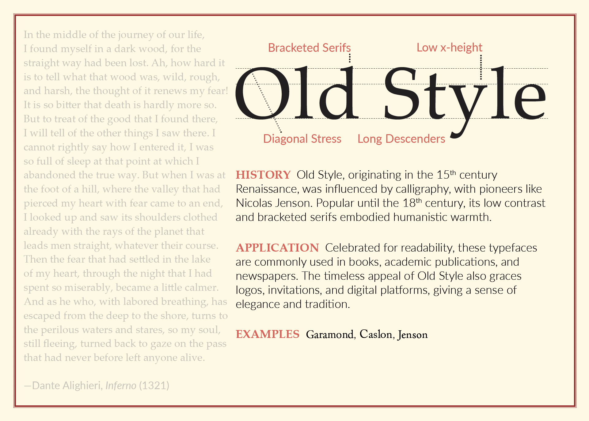 Old Style classification card with Dante excerpt