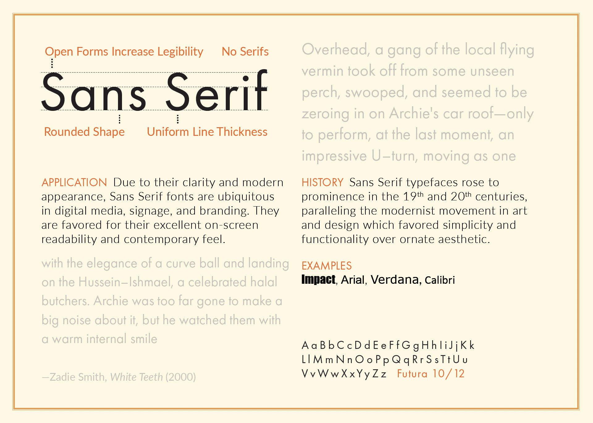 Sans Serif classification card with Zadie Smith excerpt