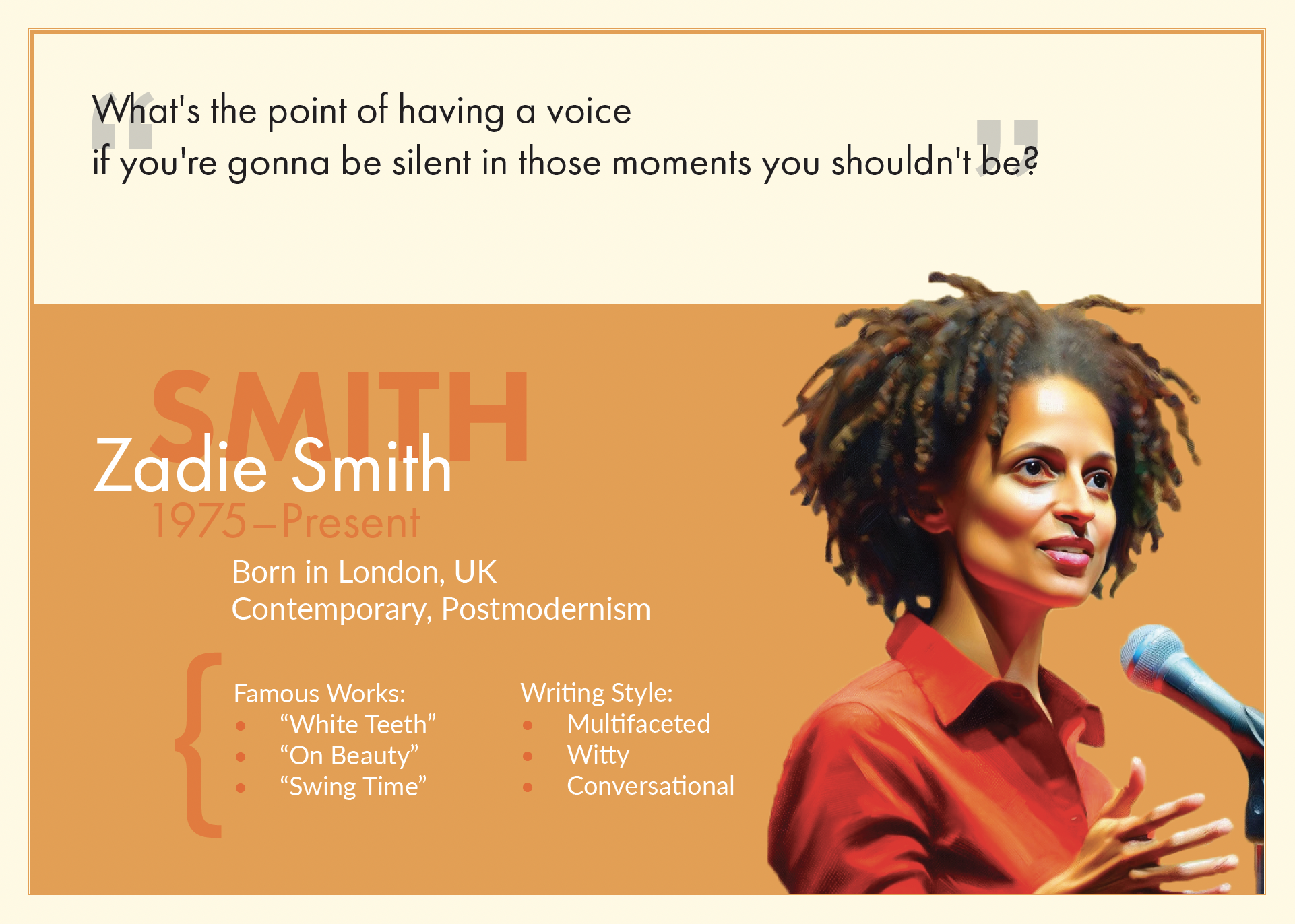 Zadie Smith author card in orange