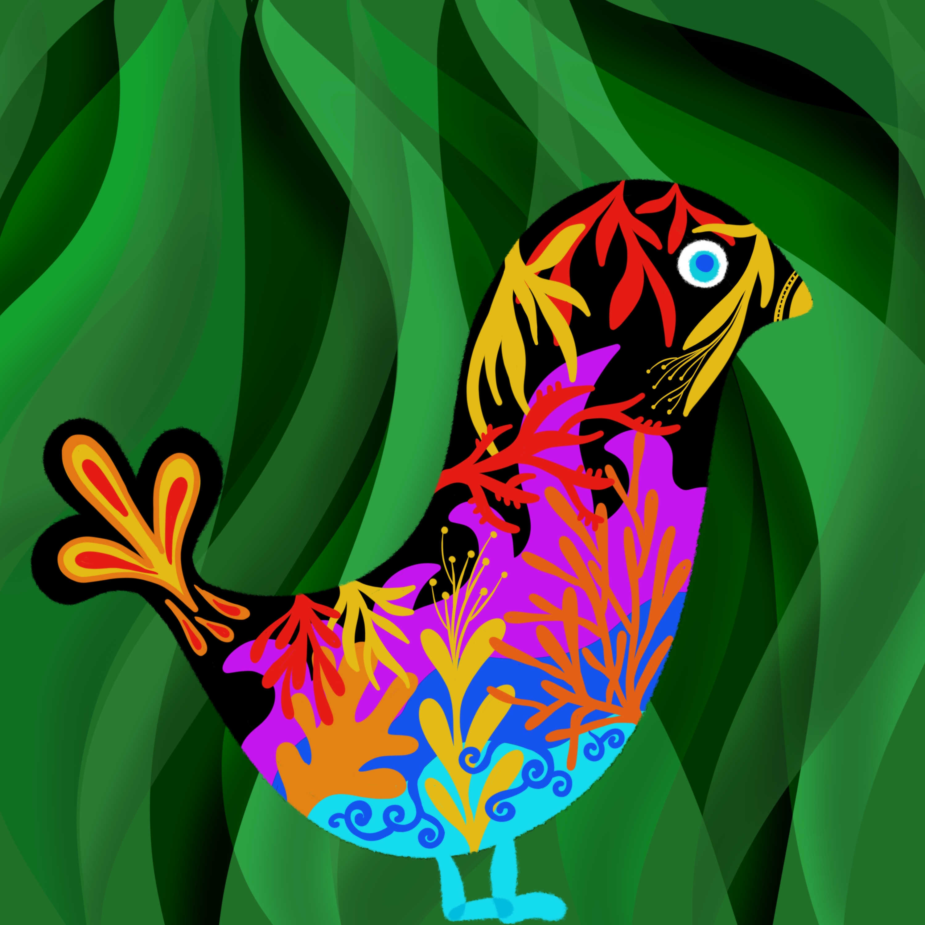 Colourful patterned bird among green leaves