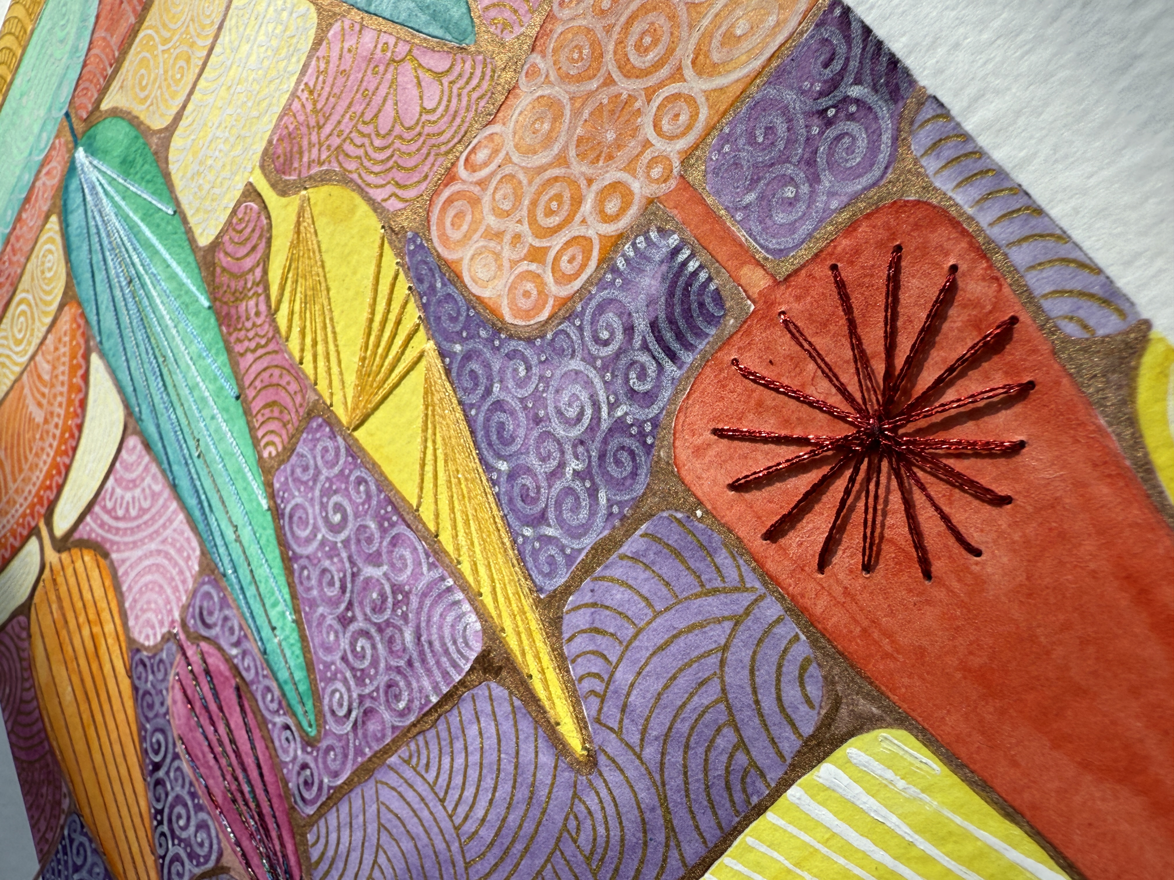 Cypress Tree SARV watercolor with stitched metallic thread