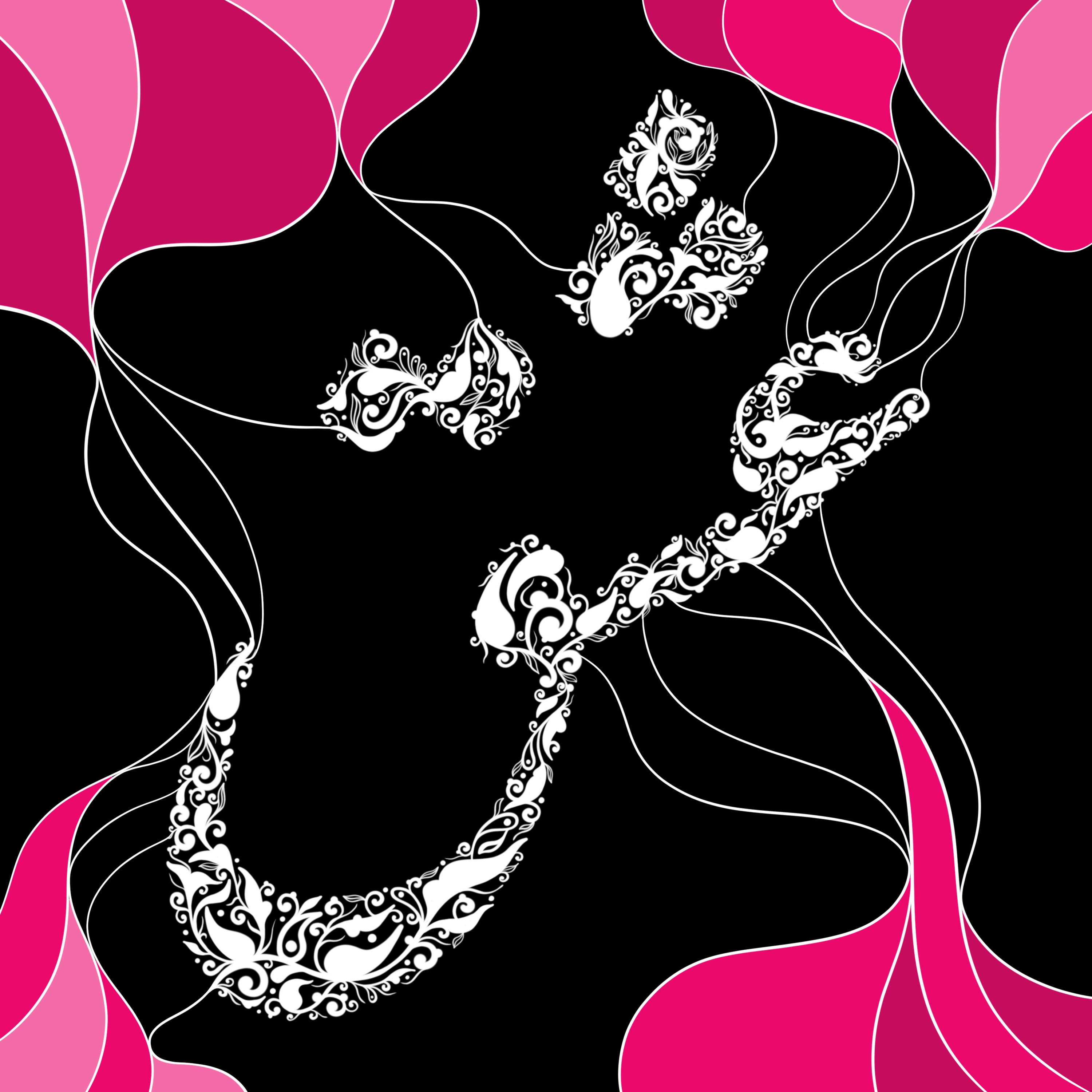 Eshgh calligraphy in white filigree on black and pink