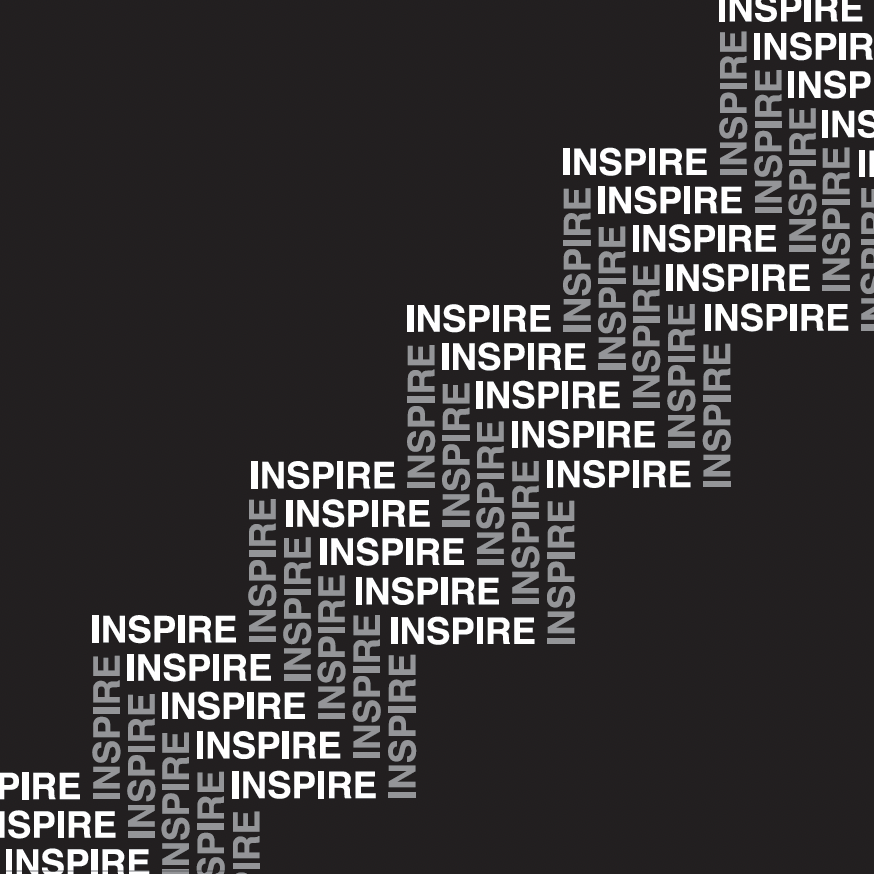 Inspire in white and grey type on black