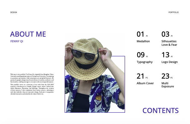 About me and contents spread