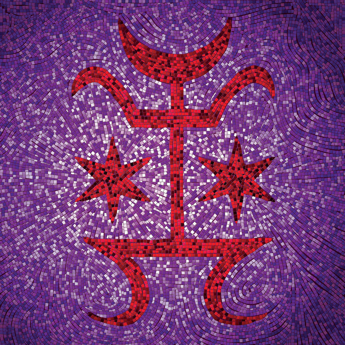 Red crescent and star mosaic on purple