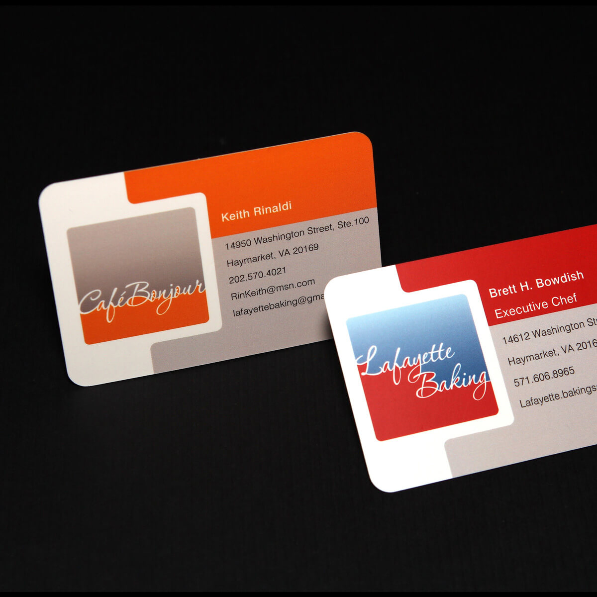 Two business cards in orange and red