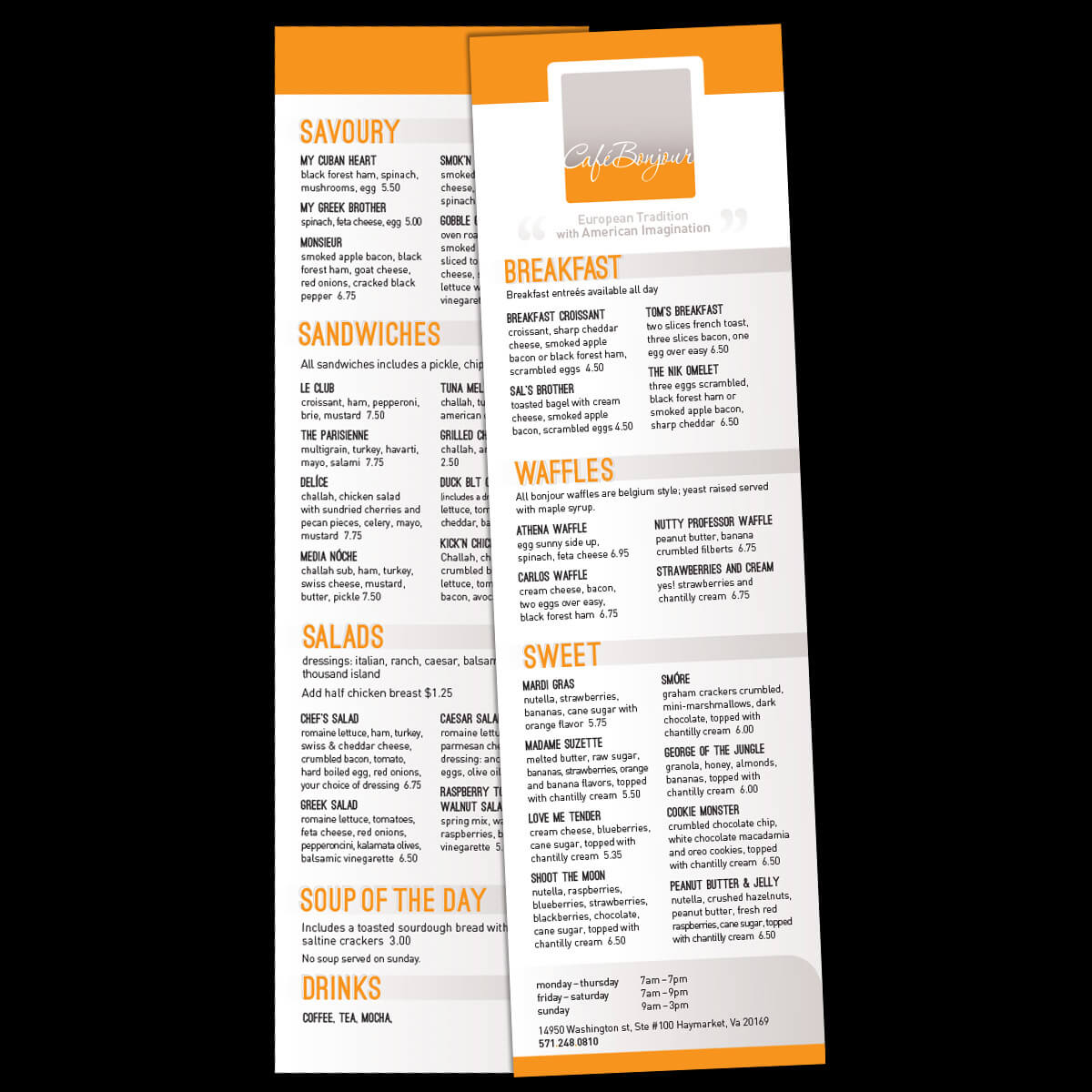 Café Bonjour menu panels in orange and grey