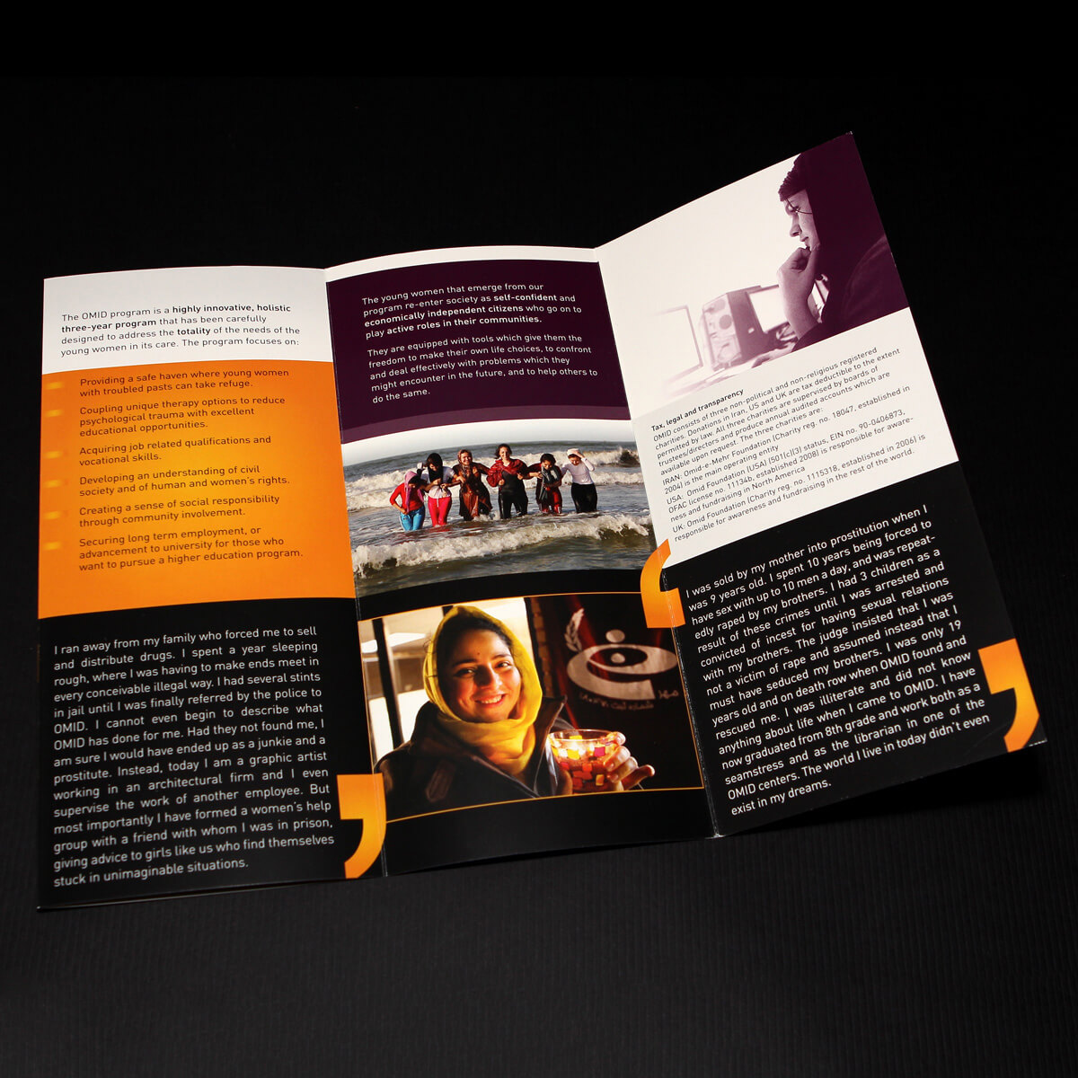 OMID Foundation brochure spread in orange and plum