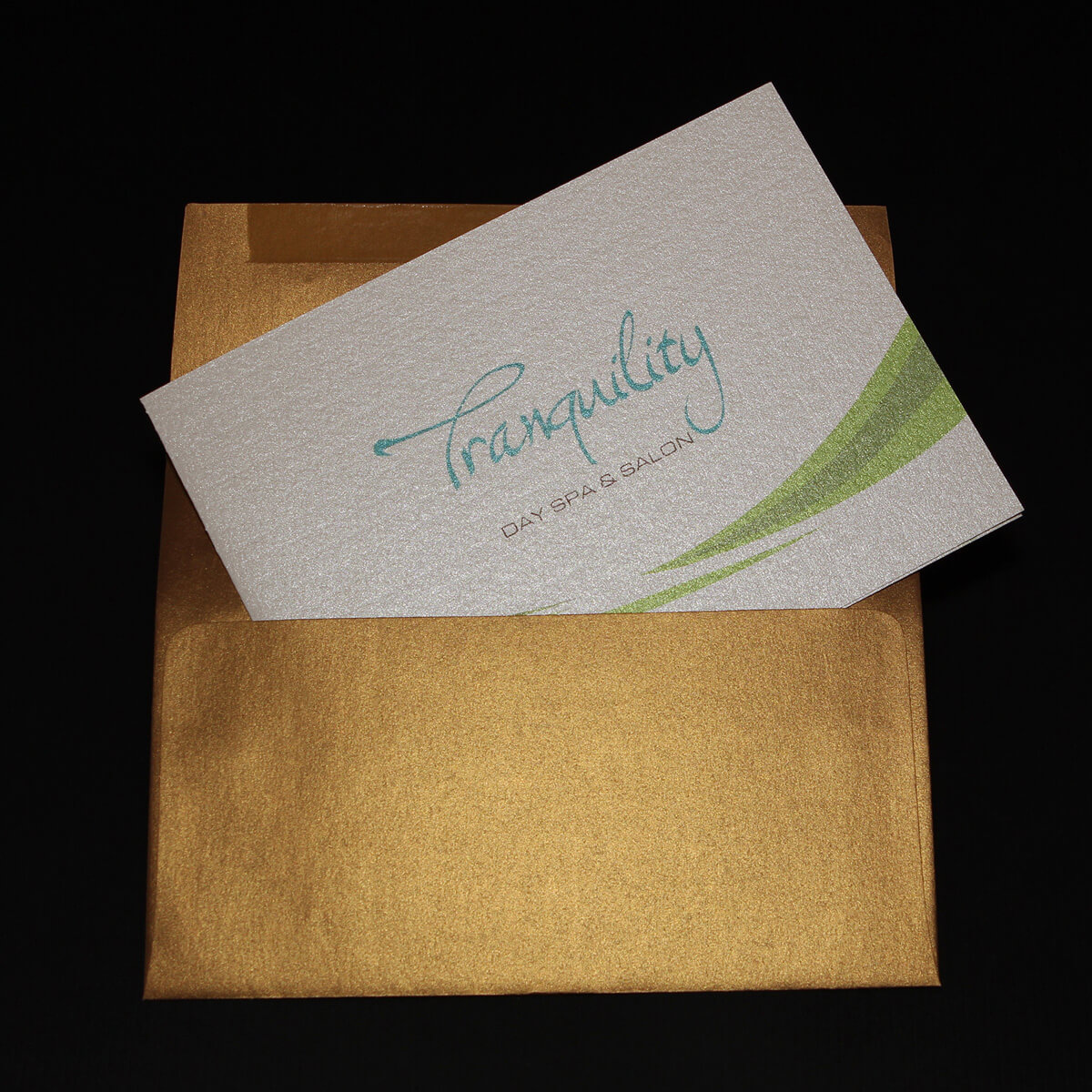 Tranquility spa card and gold envelope