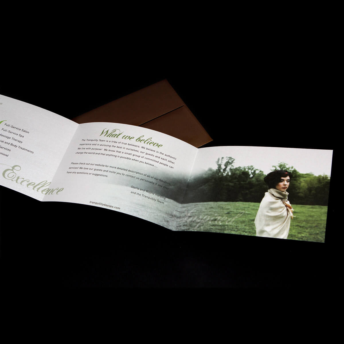 Tranquility folded mailer opened flat