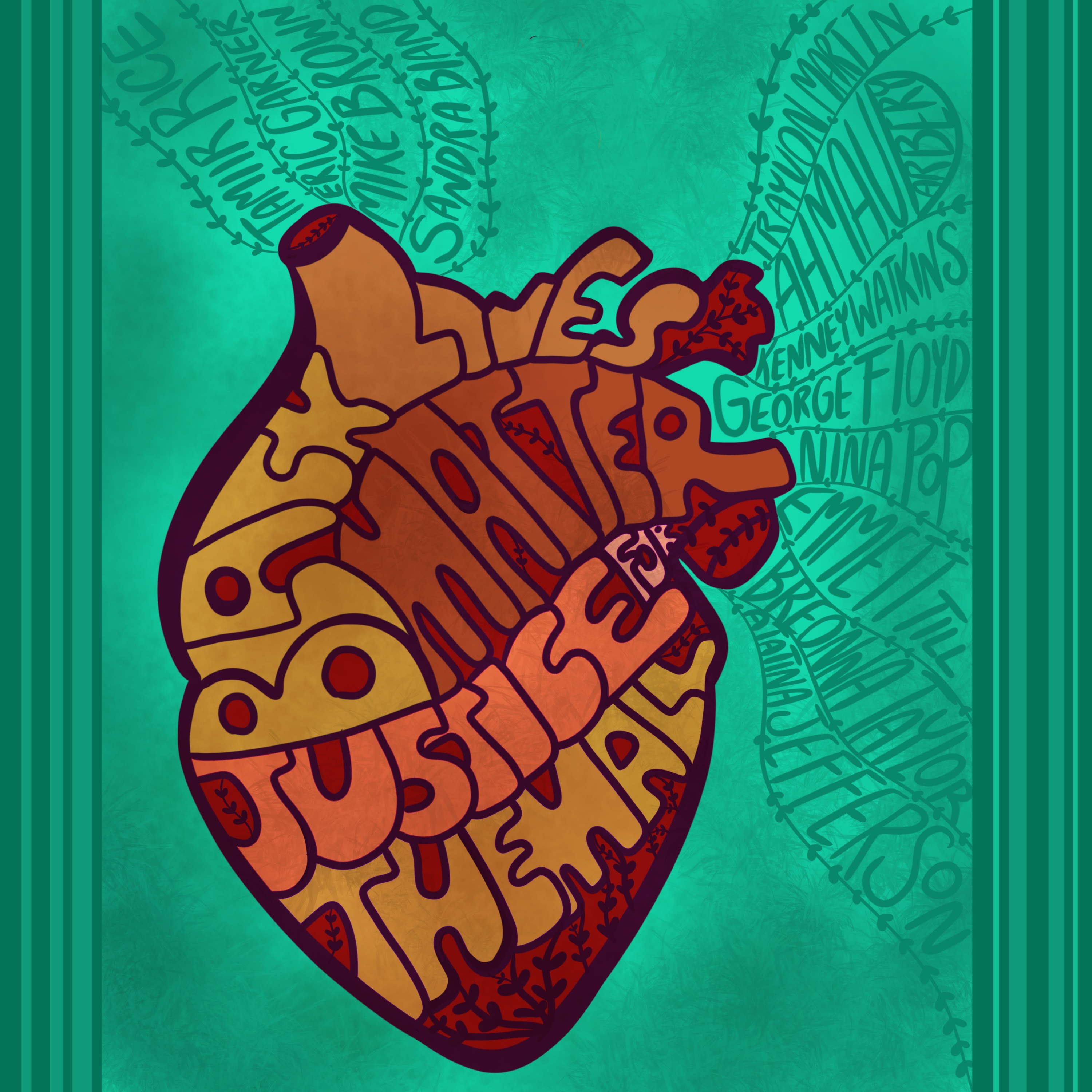 Lettered heart on green ground surrounded by names