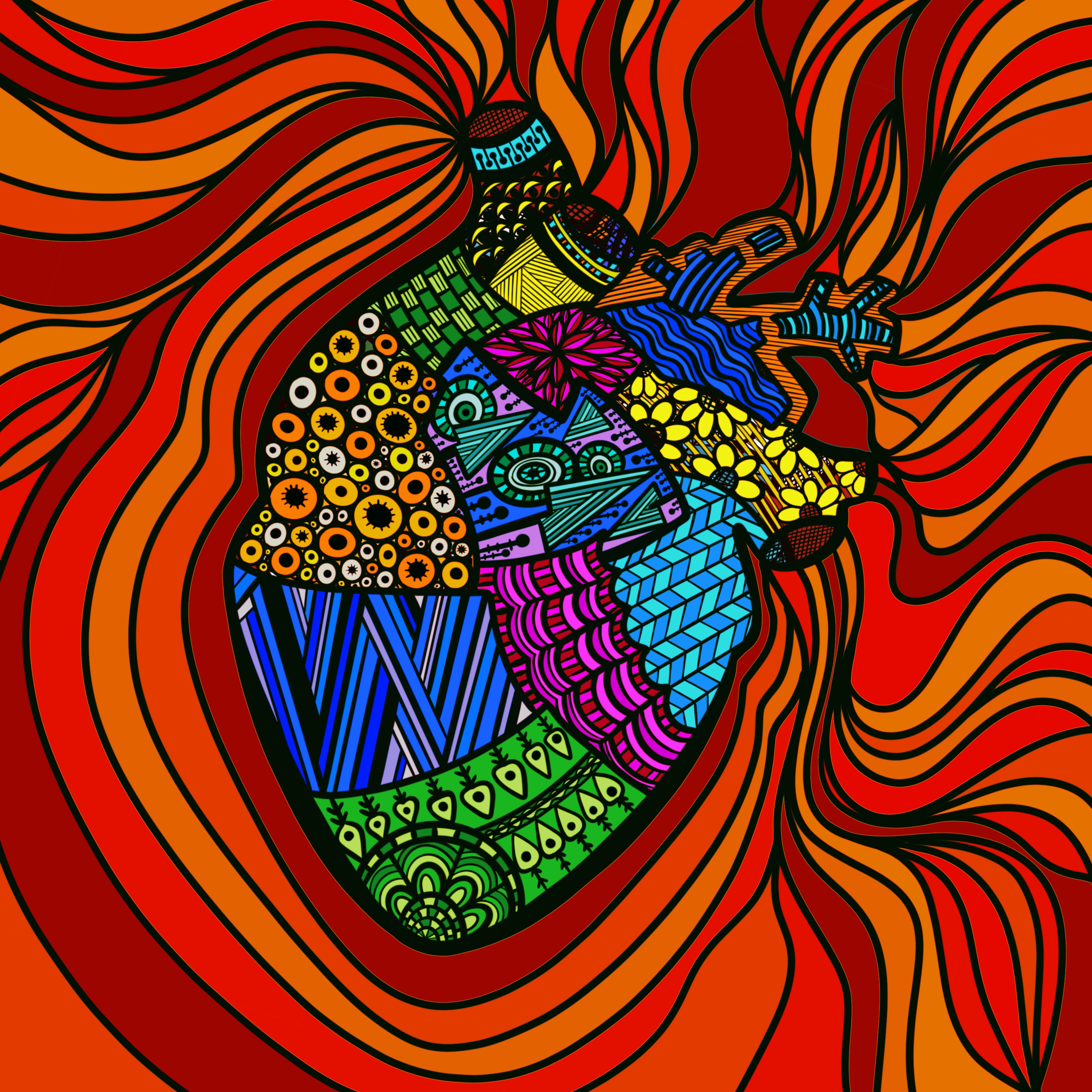 Patterned patchwork heart on swirling red and orange ground