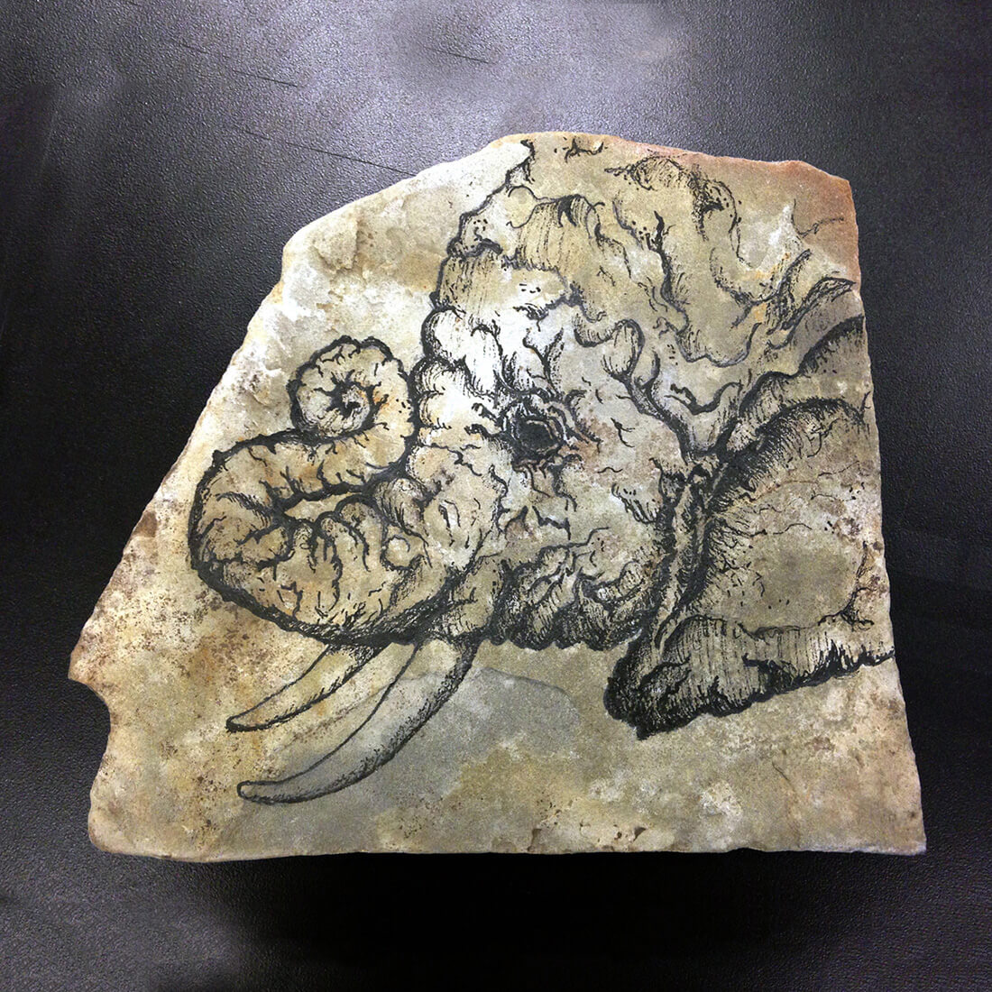 Mammoth drawn in ink on a slab of stone