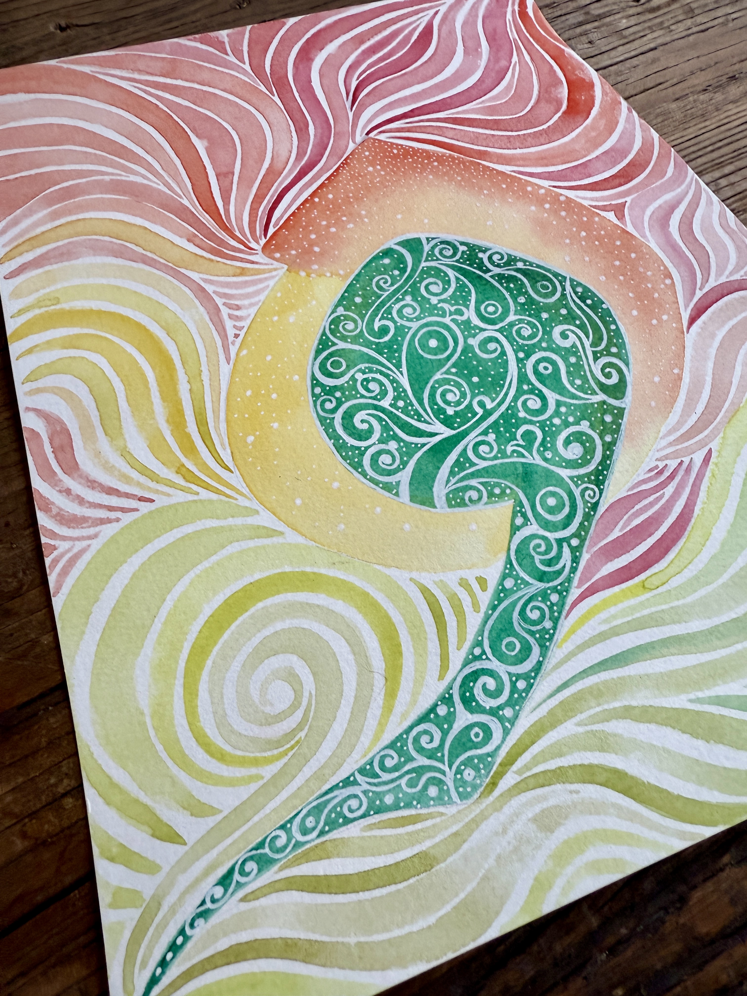 Hu watercolor with white spiral ornament