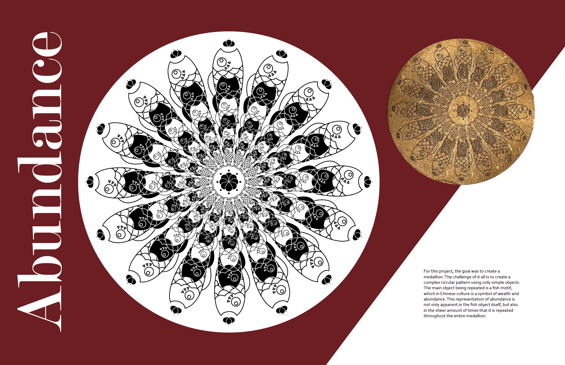 Abundance medallion spread built from fish motifs