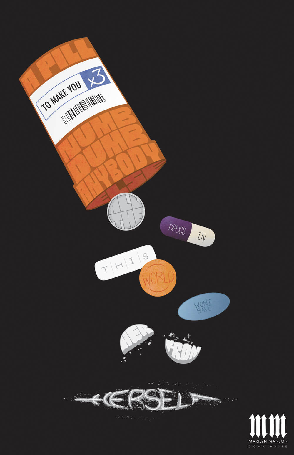 Pill bottle lyric poster with type on each pill