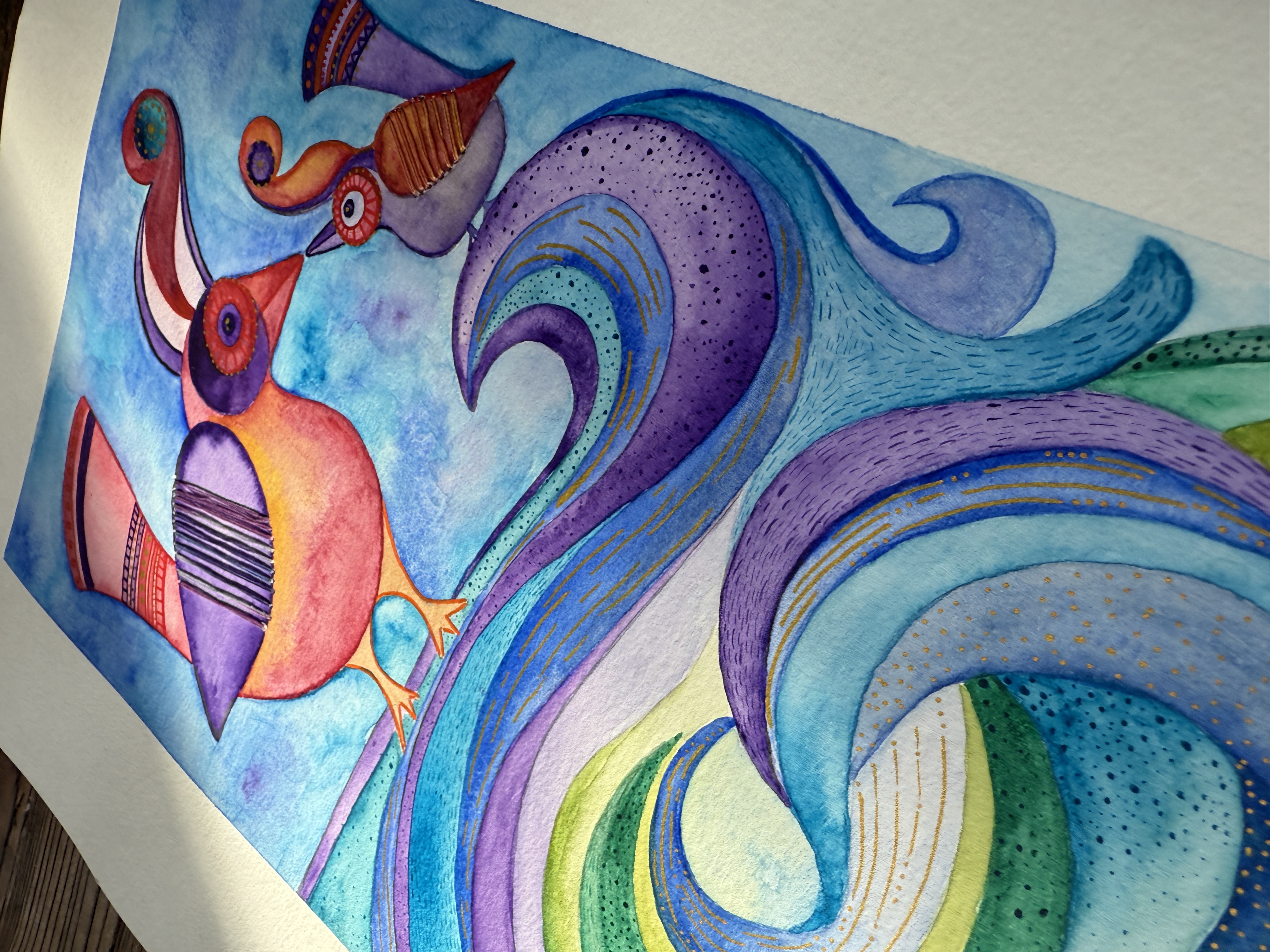 Watercolor birds with embroidered thread detail