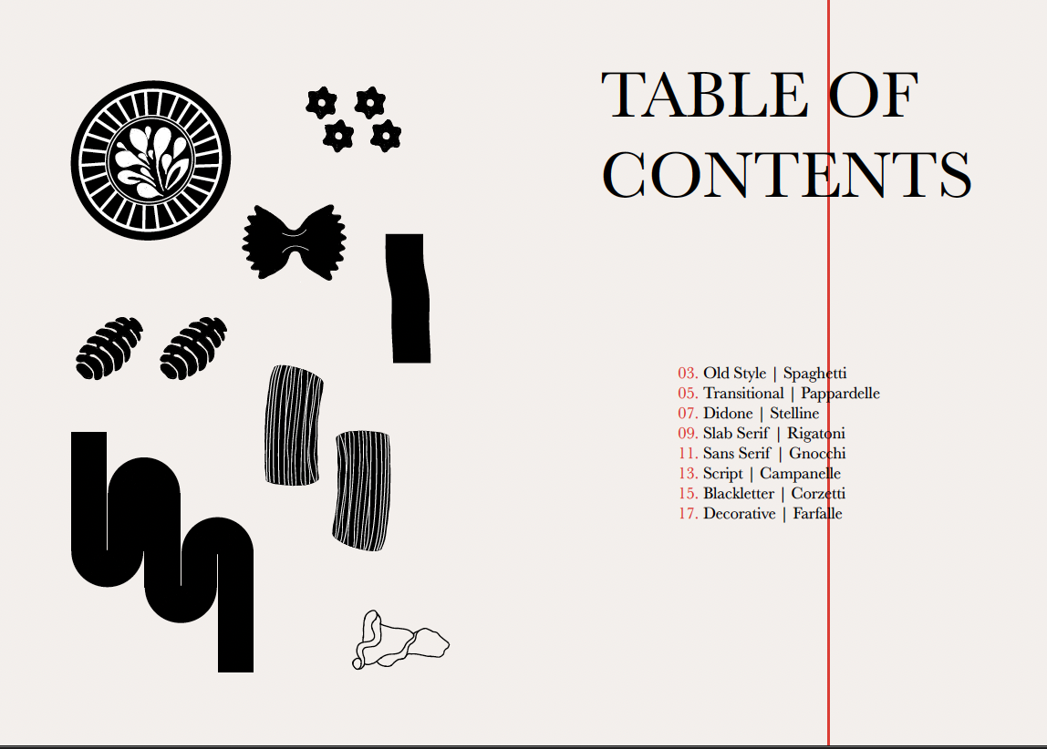 Table of contents with pasta silhouettes