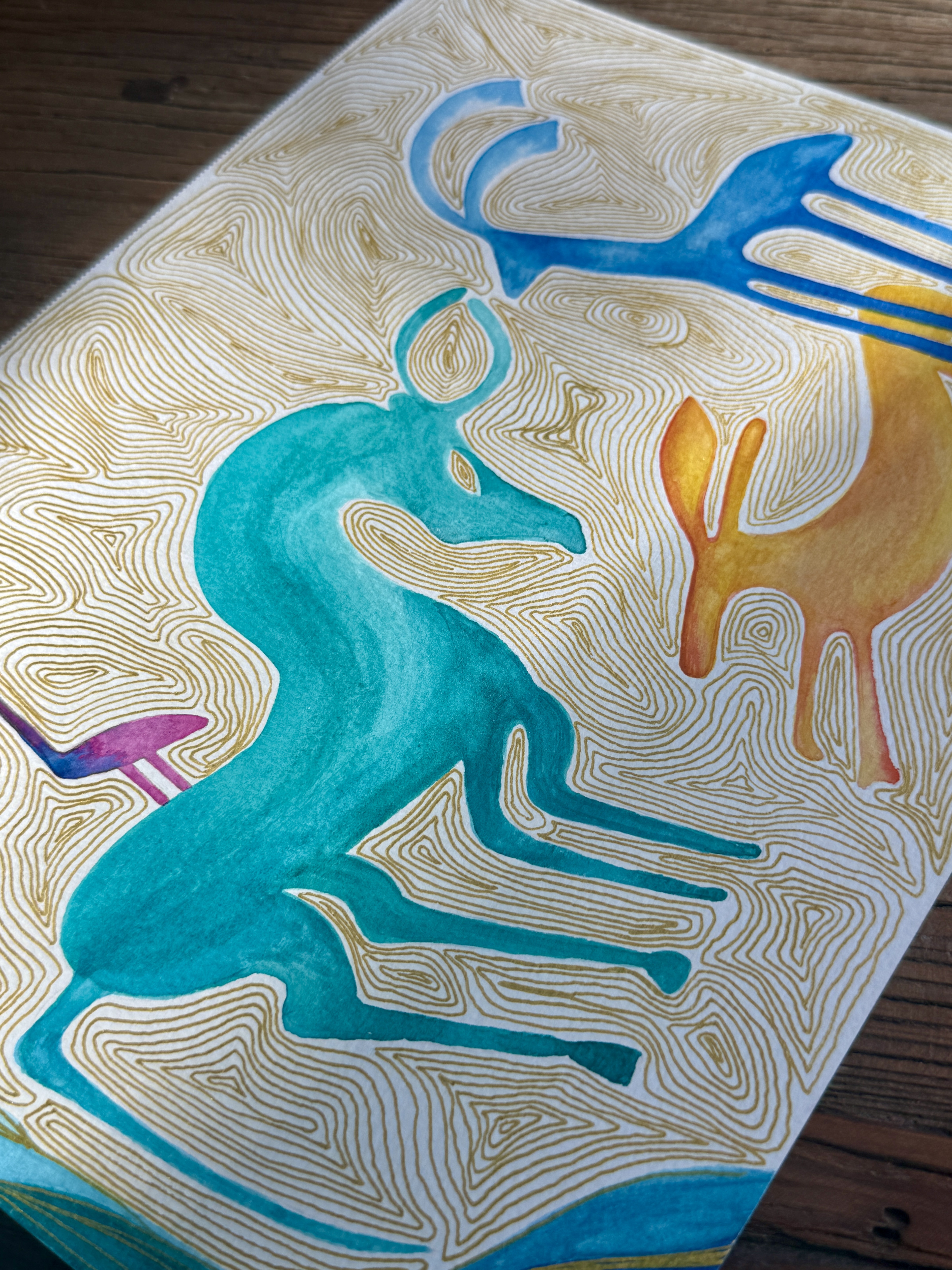 Watercolor Persian animal motifs on gold contour ground