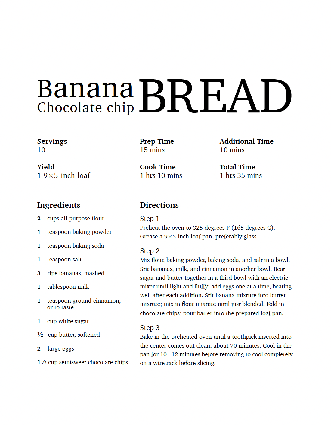 Serif recipe layout with three-column data