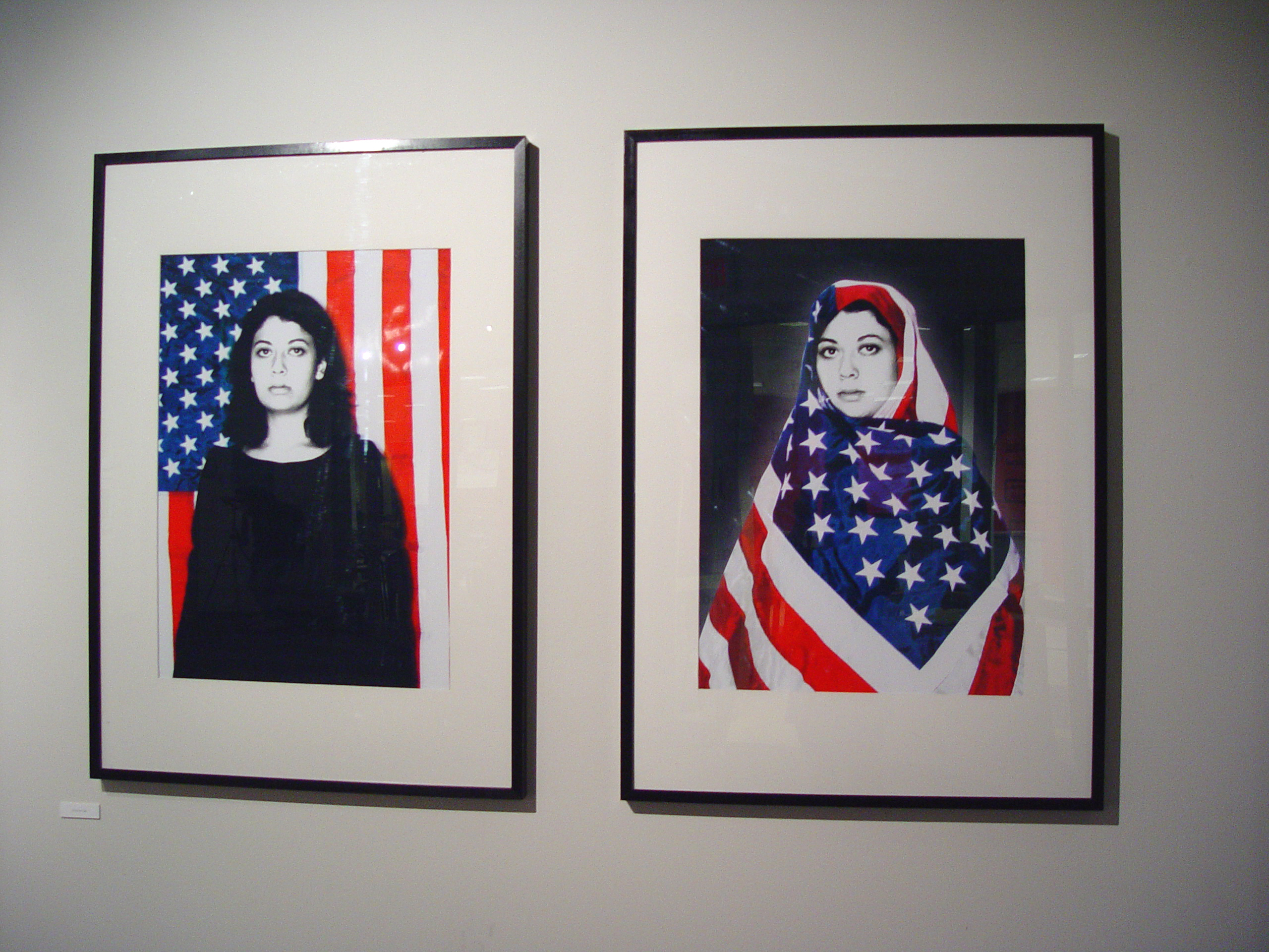 Two framed portraits with American flag, one veiled