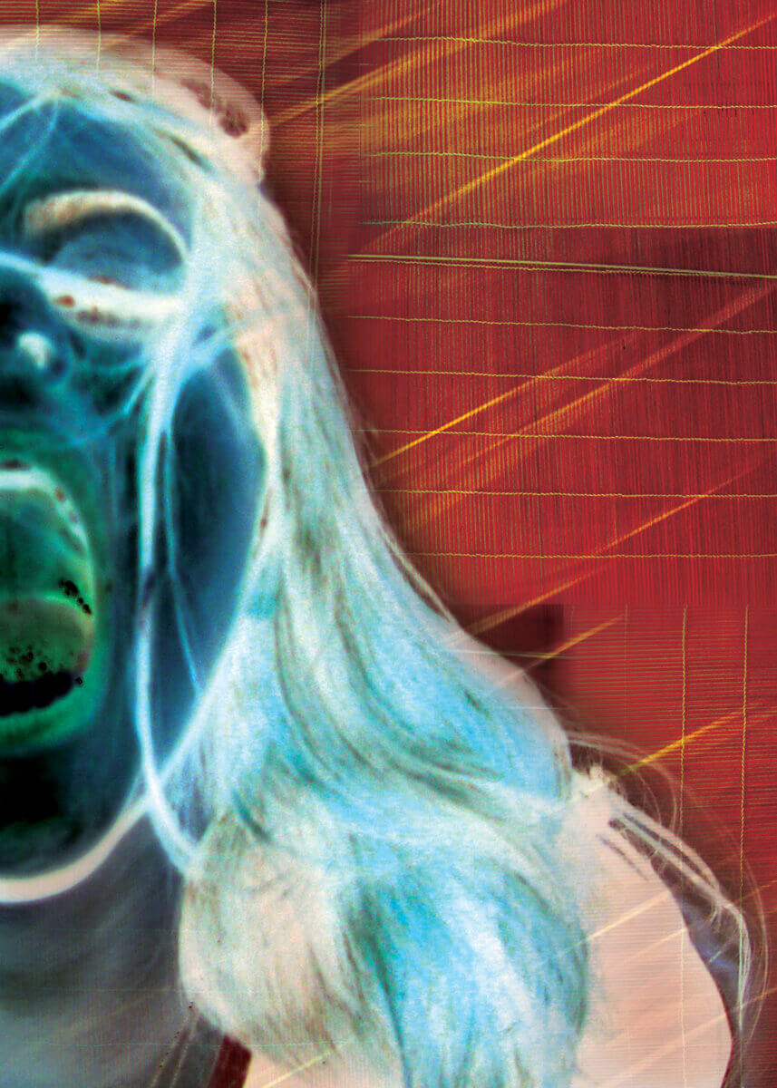 Blue-green face behind hair on woven red ground